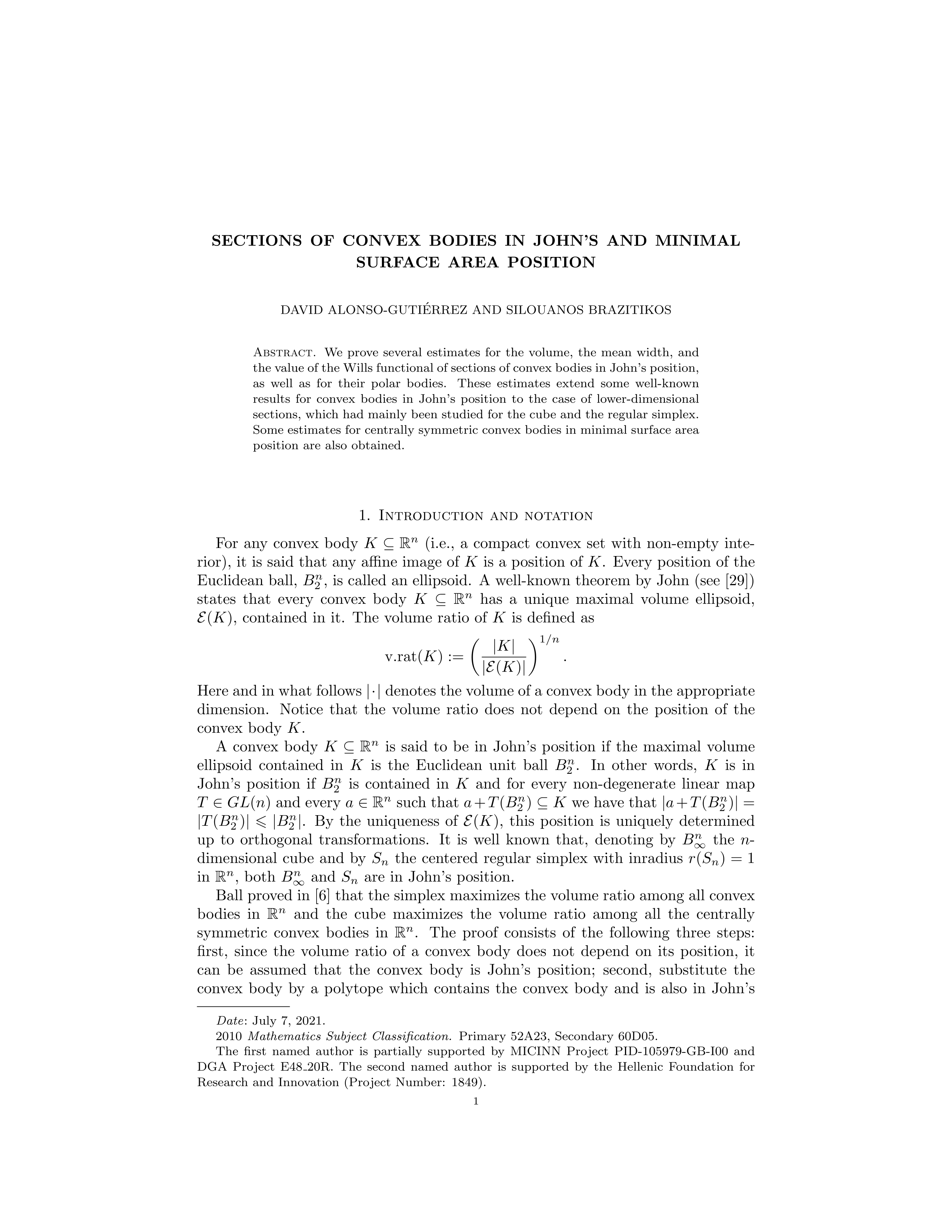 Sections of convex bodies in John''s and minimal surface area position