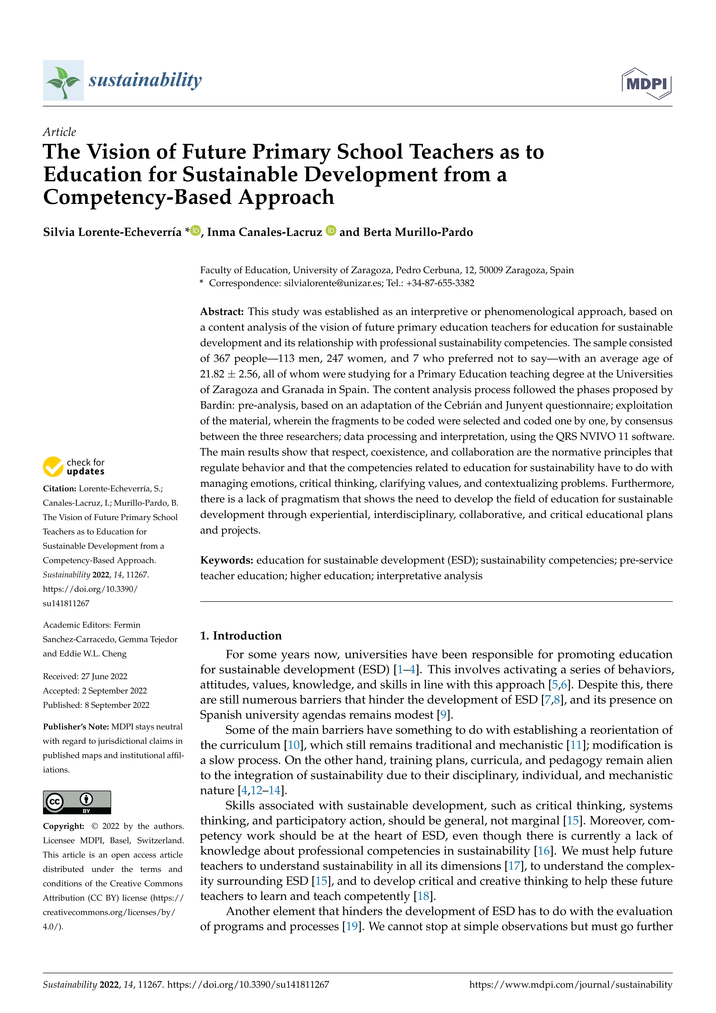 The Vision of Future Primary School Teachers as to Education for Sustainable Development from a Competency-Based Approach