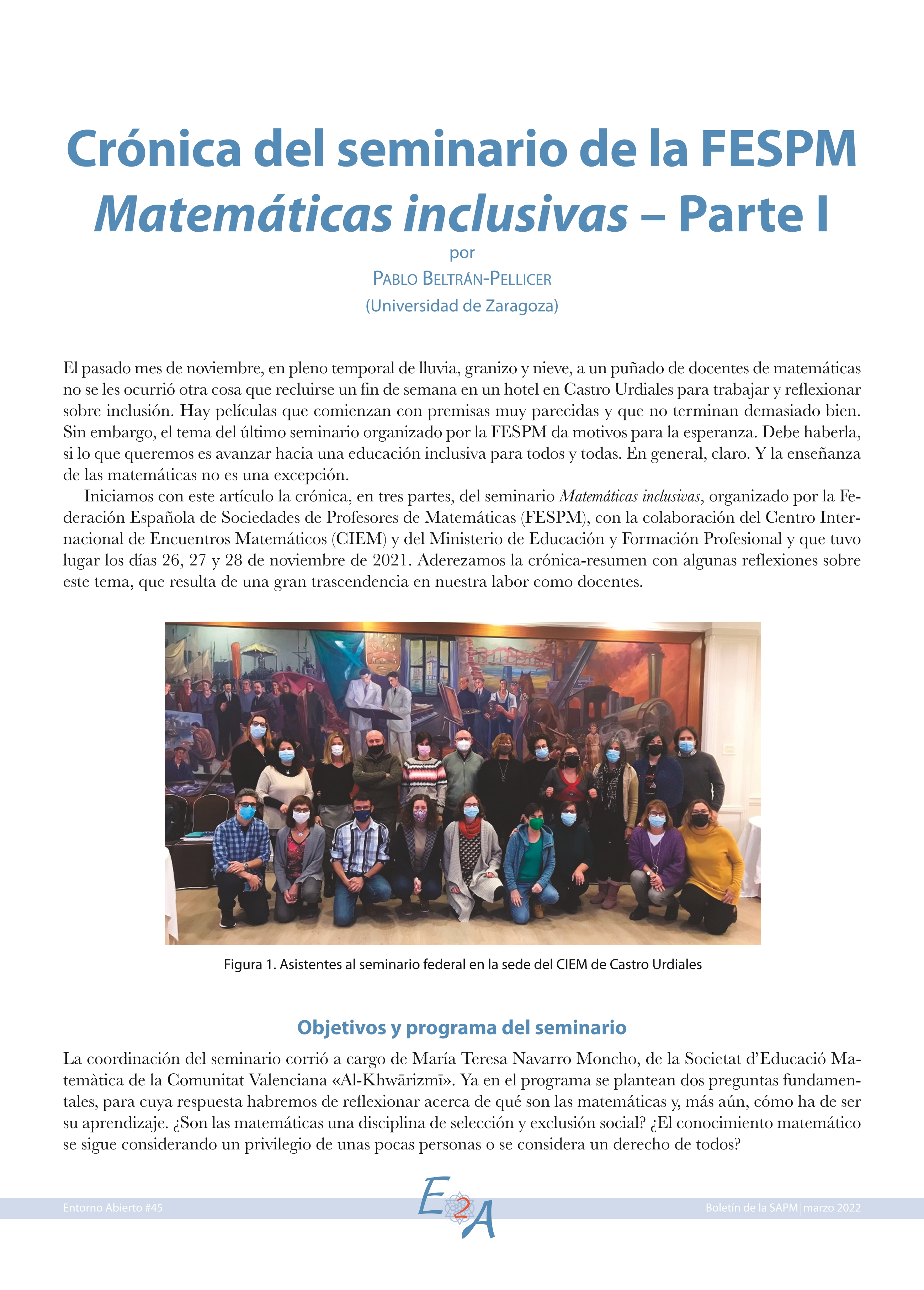 Crónica del seminario de la FESPM Matemáticas inclusivas – Parte I