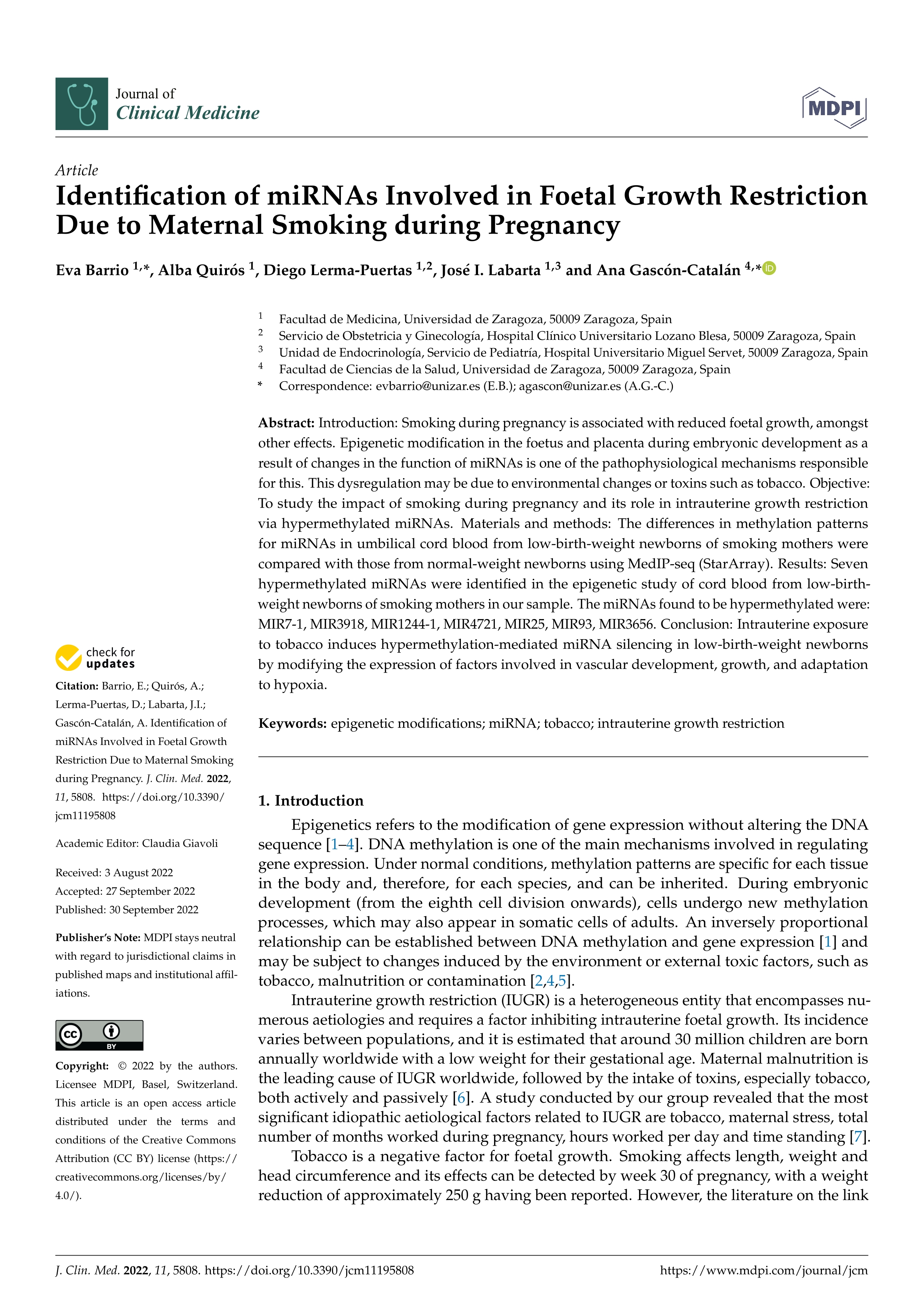 Identification of miRNAs involved in foetal growth restriction due to maternal smoking during pregnancy