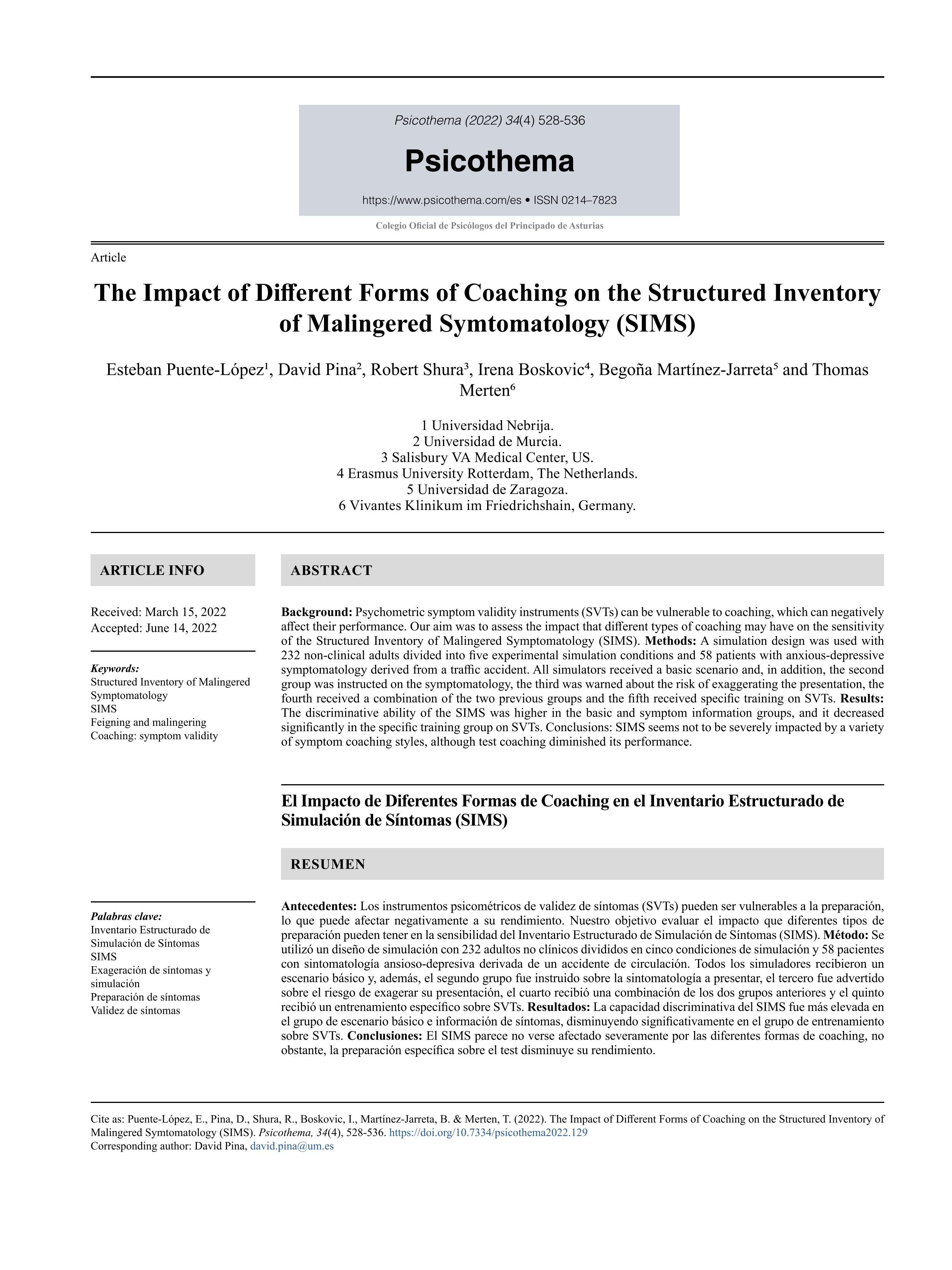 The impact of different forms of coaching on the structured inventory of malingered symtomatology (sims)