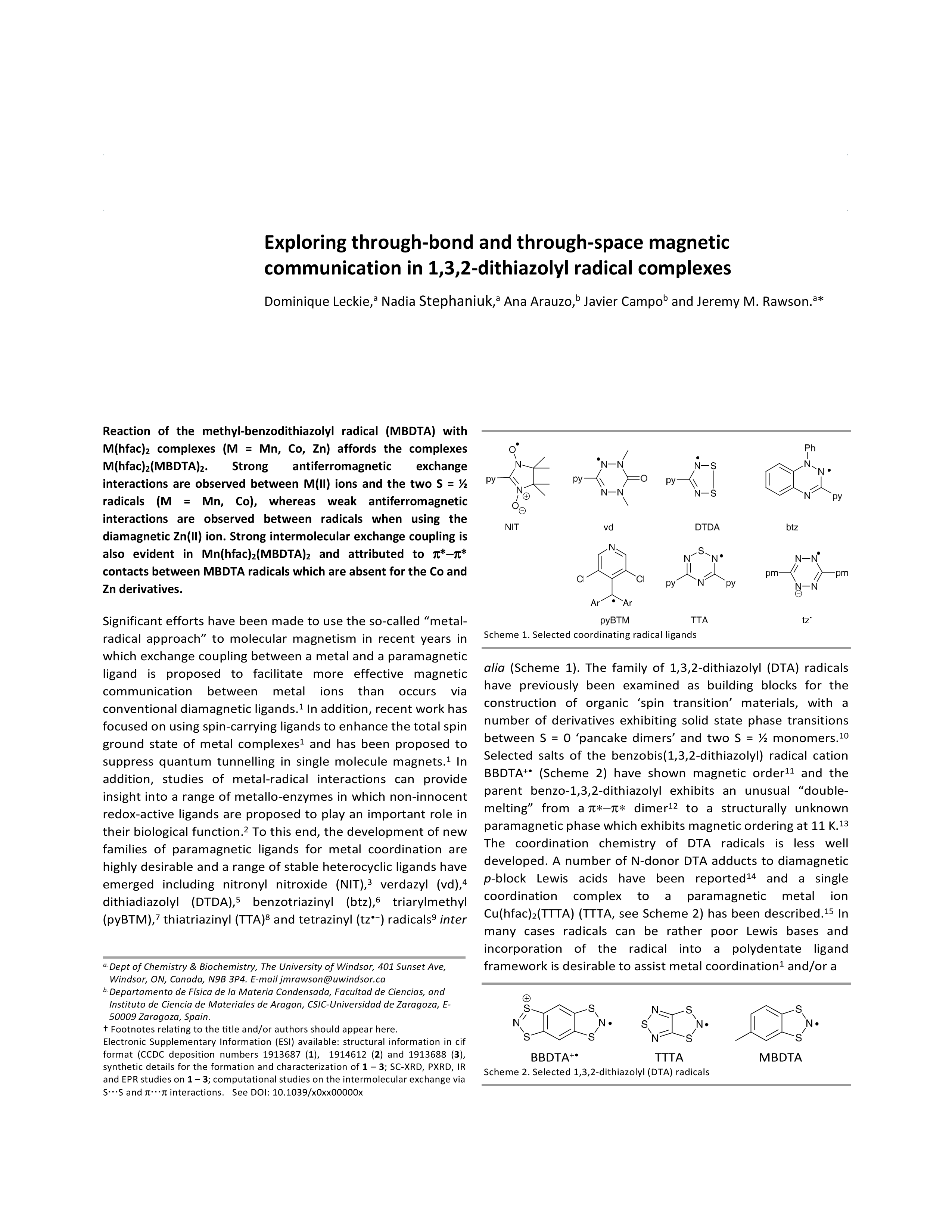 Exploring through-bond and through-space magnetic communication in 1, 3, 2-dithiazolyl radical complexes