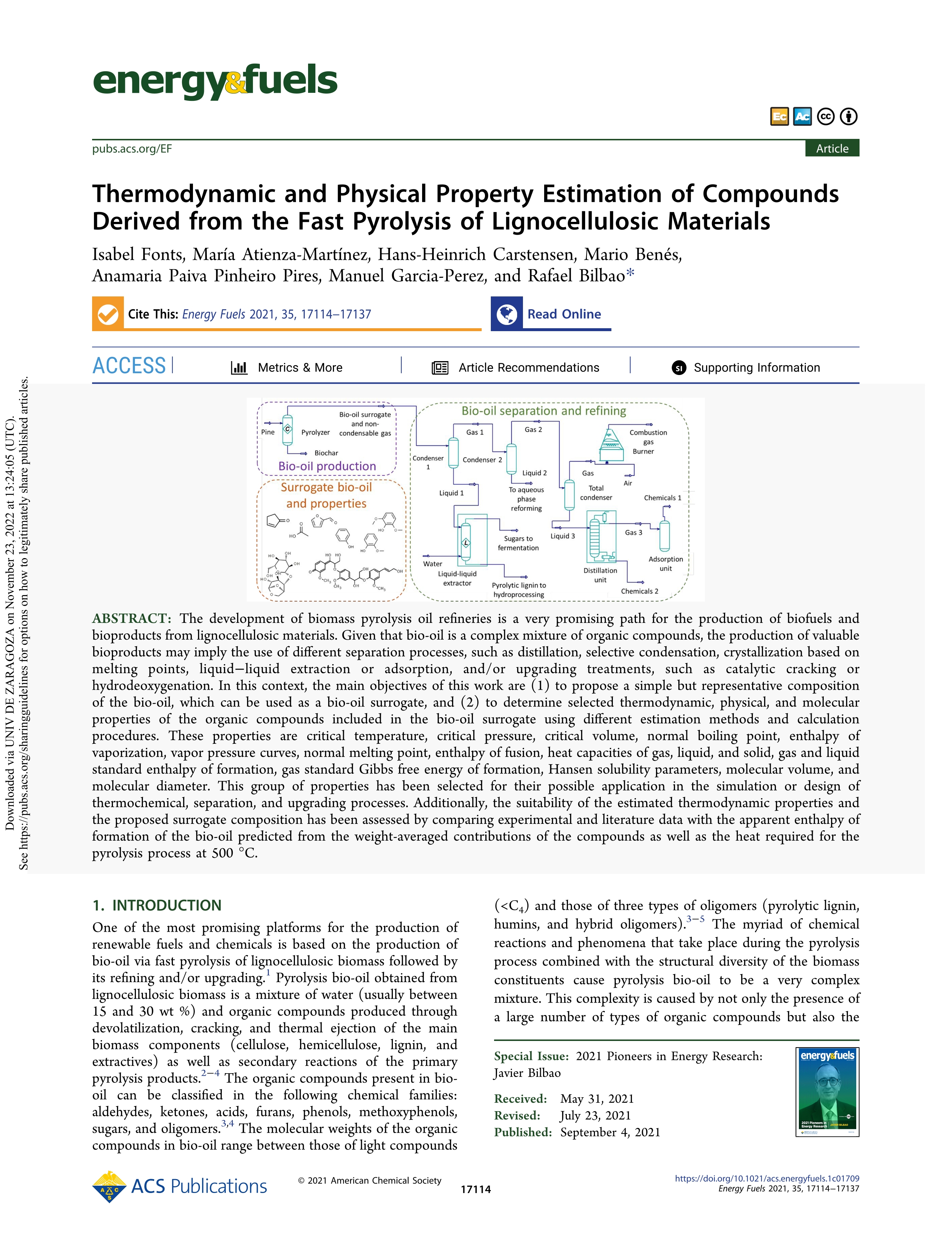Thermodynamic and physical property estimation of compounds derived from the fast pyrolysis of lignocellulosic materials