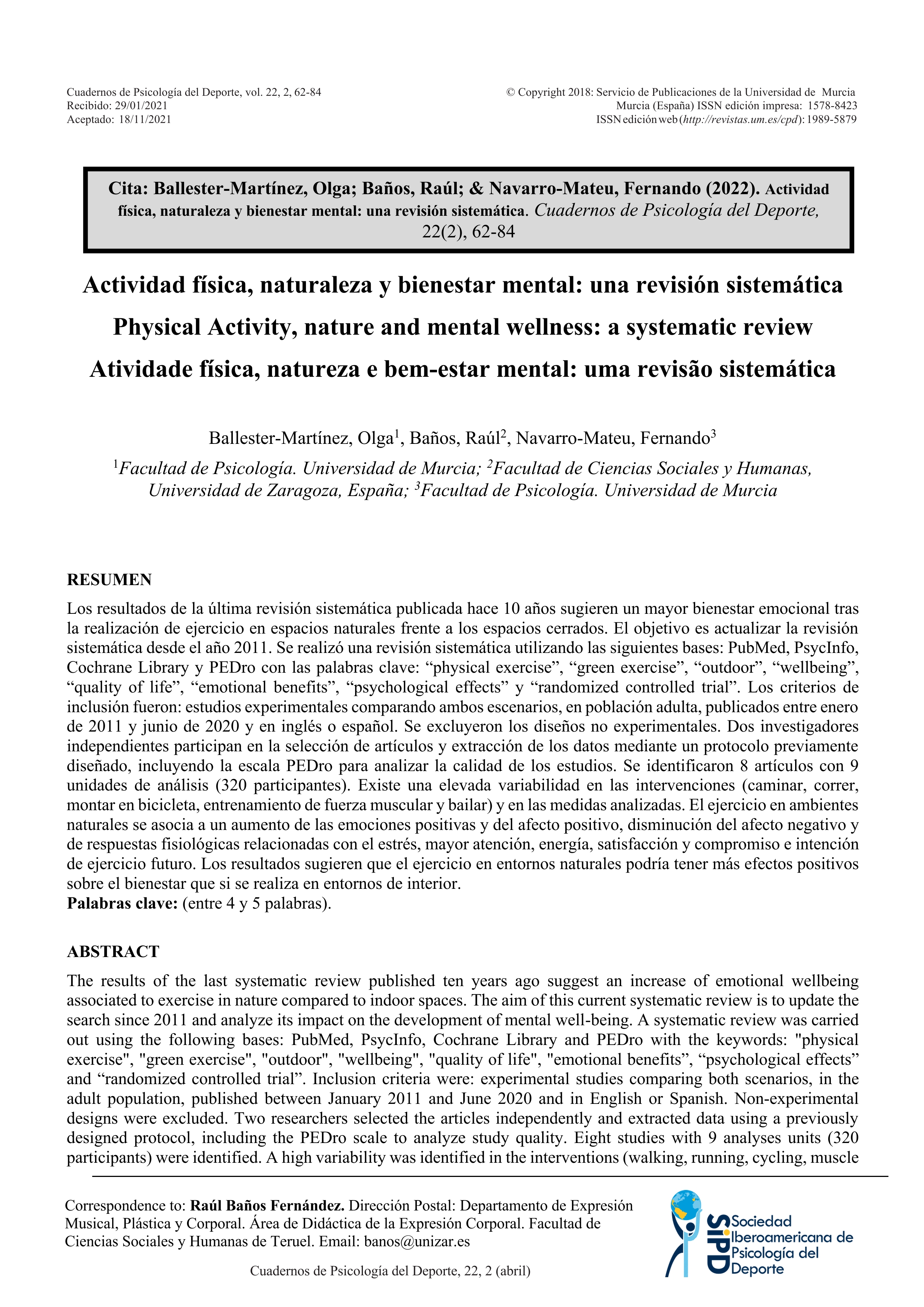 Physical Activity, nature and mental wellness: a systematic review