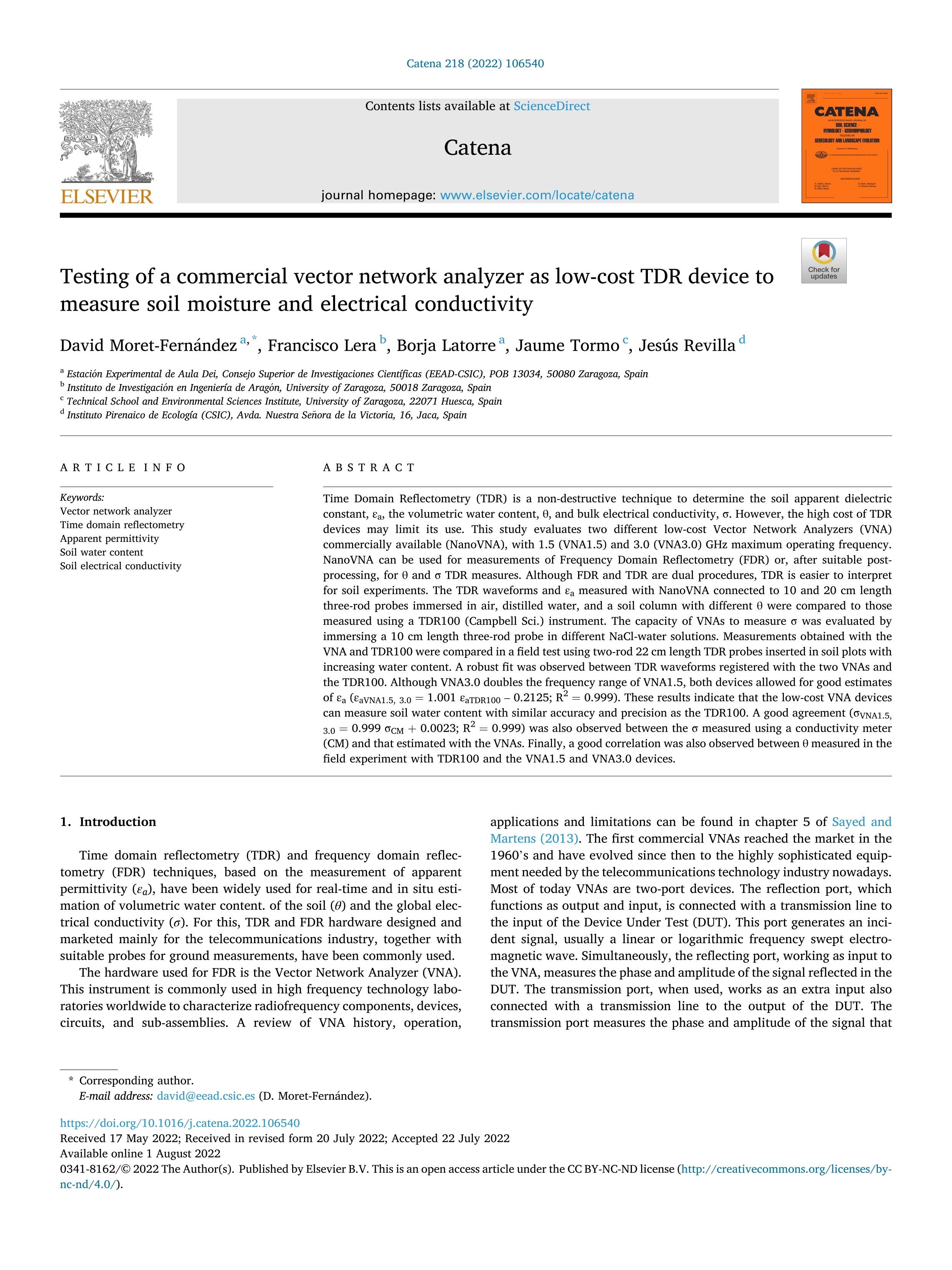 Testing of a commercial vector network analyzer as low-cost TDR device to measure soil moisture and electrical conductivity
