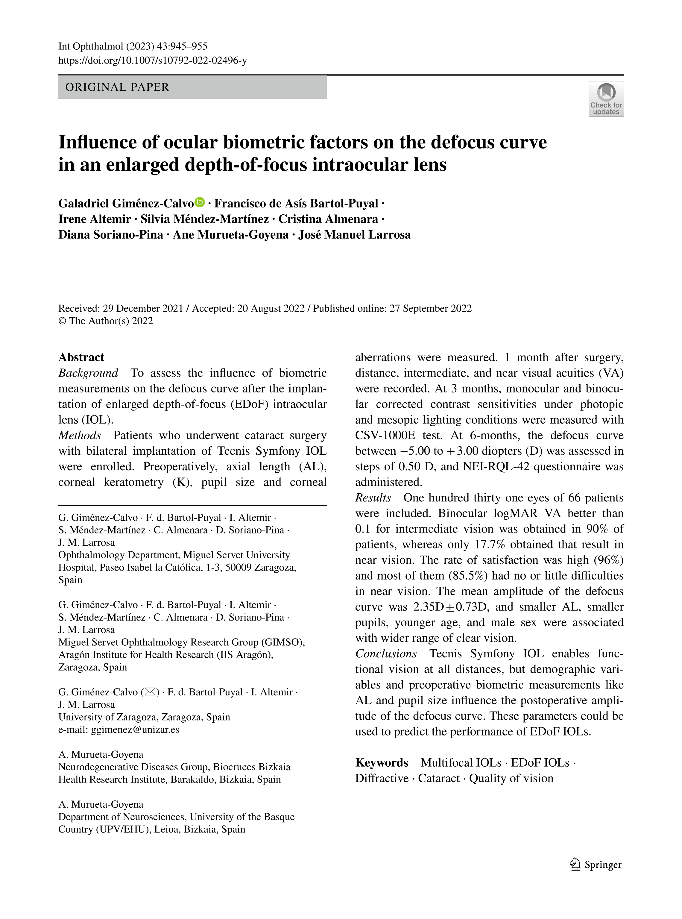 Influence of ocular biometric factors on the defocus curve in an enlarged depth-of-focus intraocular lens