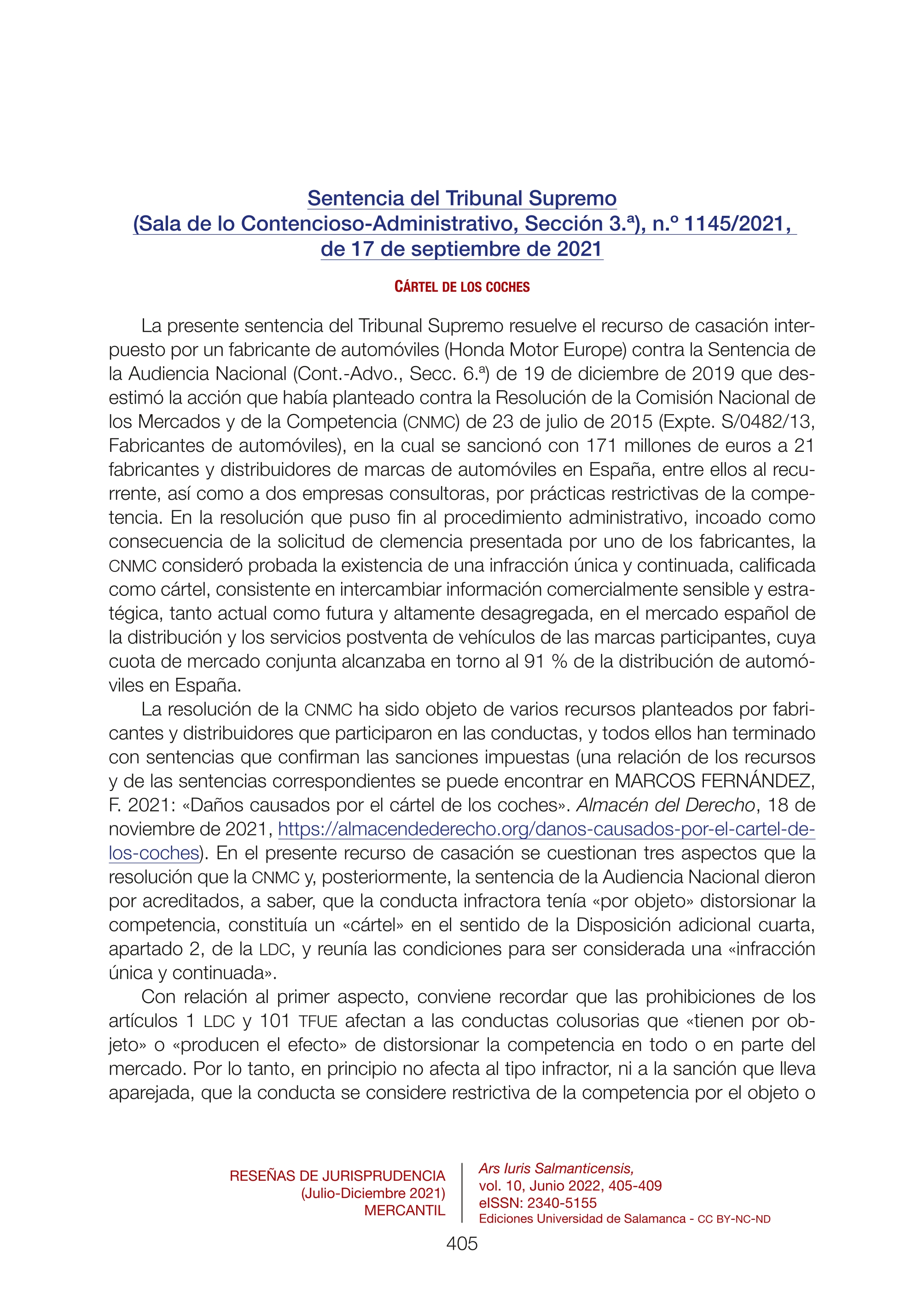Sentencia del Tribunal Supremo (Sala de lo Contencioso-Administrativo, Sección 3.ª), n.º 1145/2021, de 17 de septiembre de 2021. Cártel de los coches