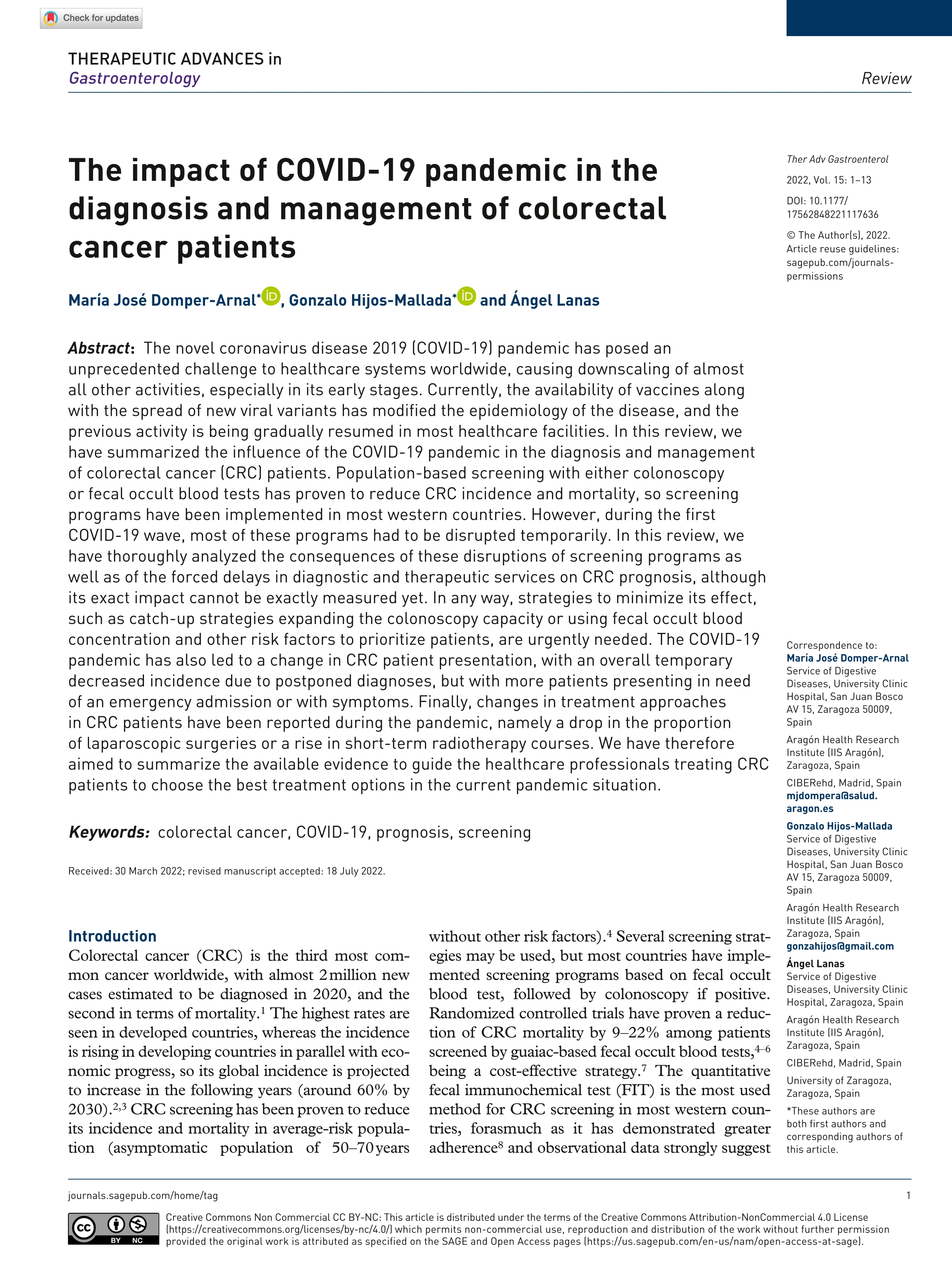 The impact of COVID-19 pandemic in the diagnosis and management of colorectal cancer patients
