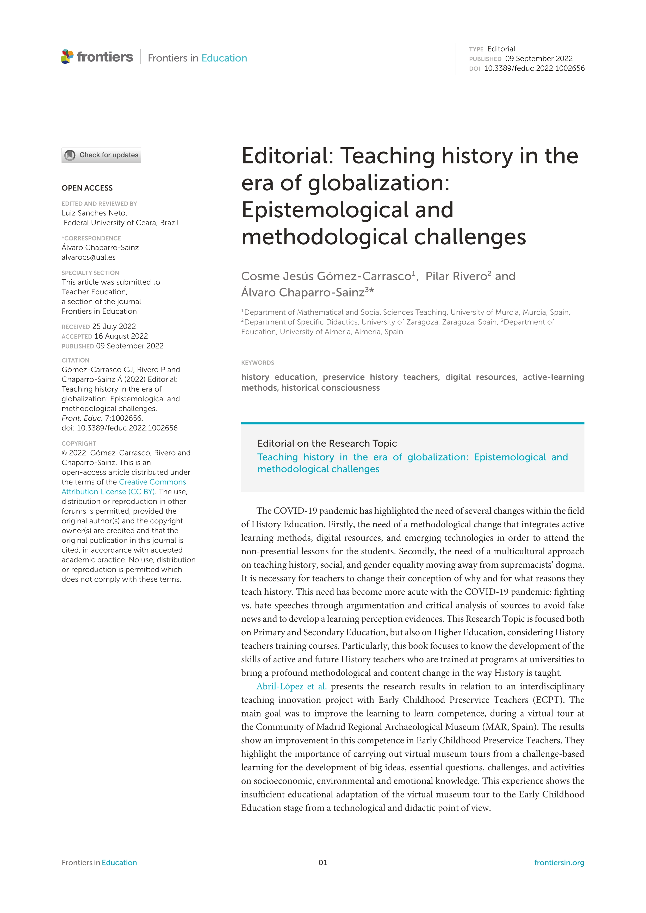 Editorial: Teaching history in the era of globalization: epistemological and methodological challenges