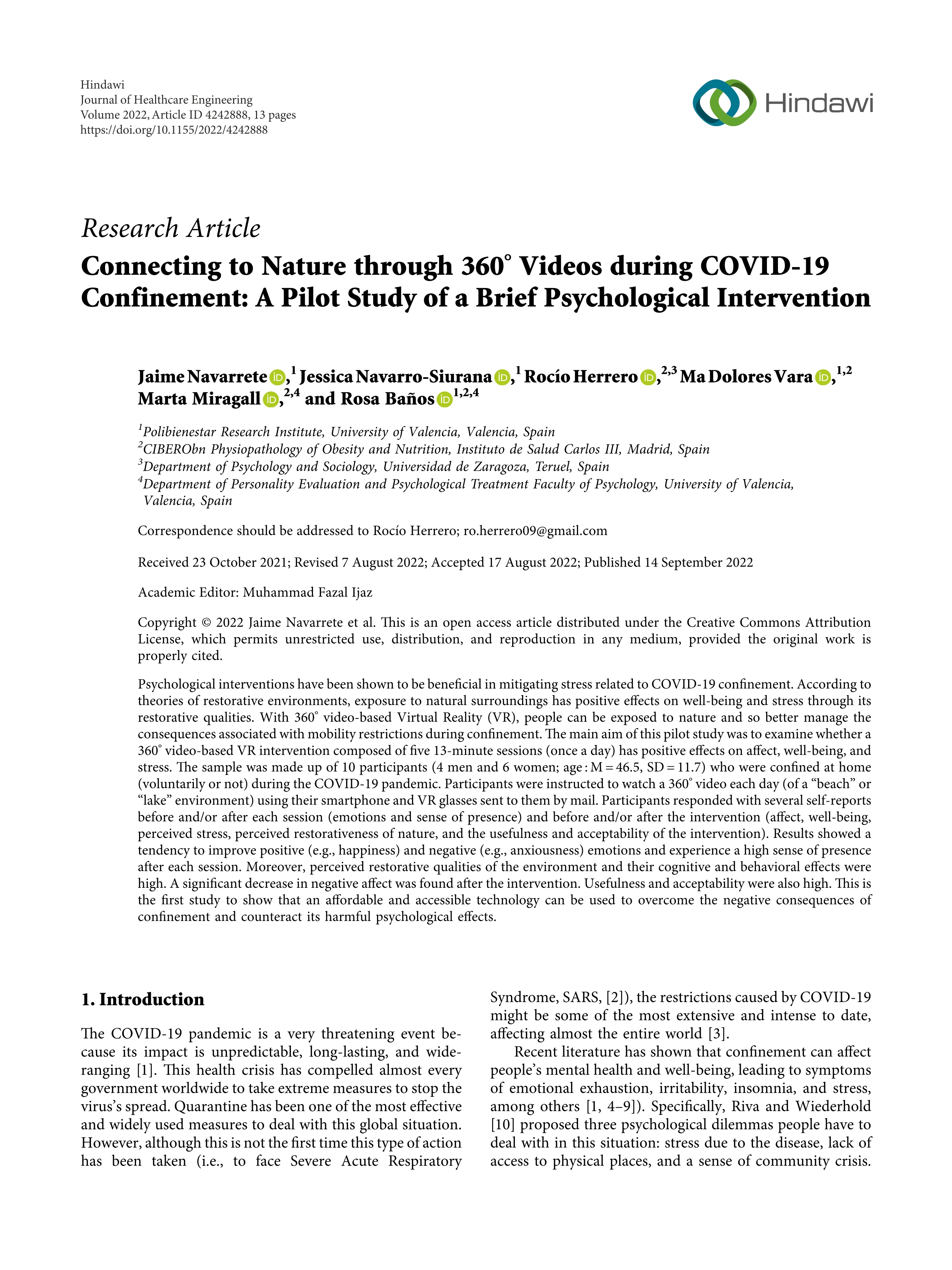 Connecting to nature through 360° videos during COVID-19 confinement: a pilot study of a brief psychological intervention