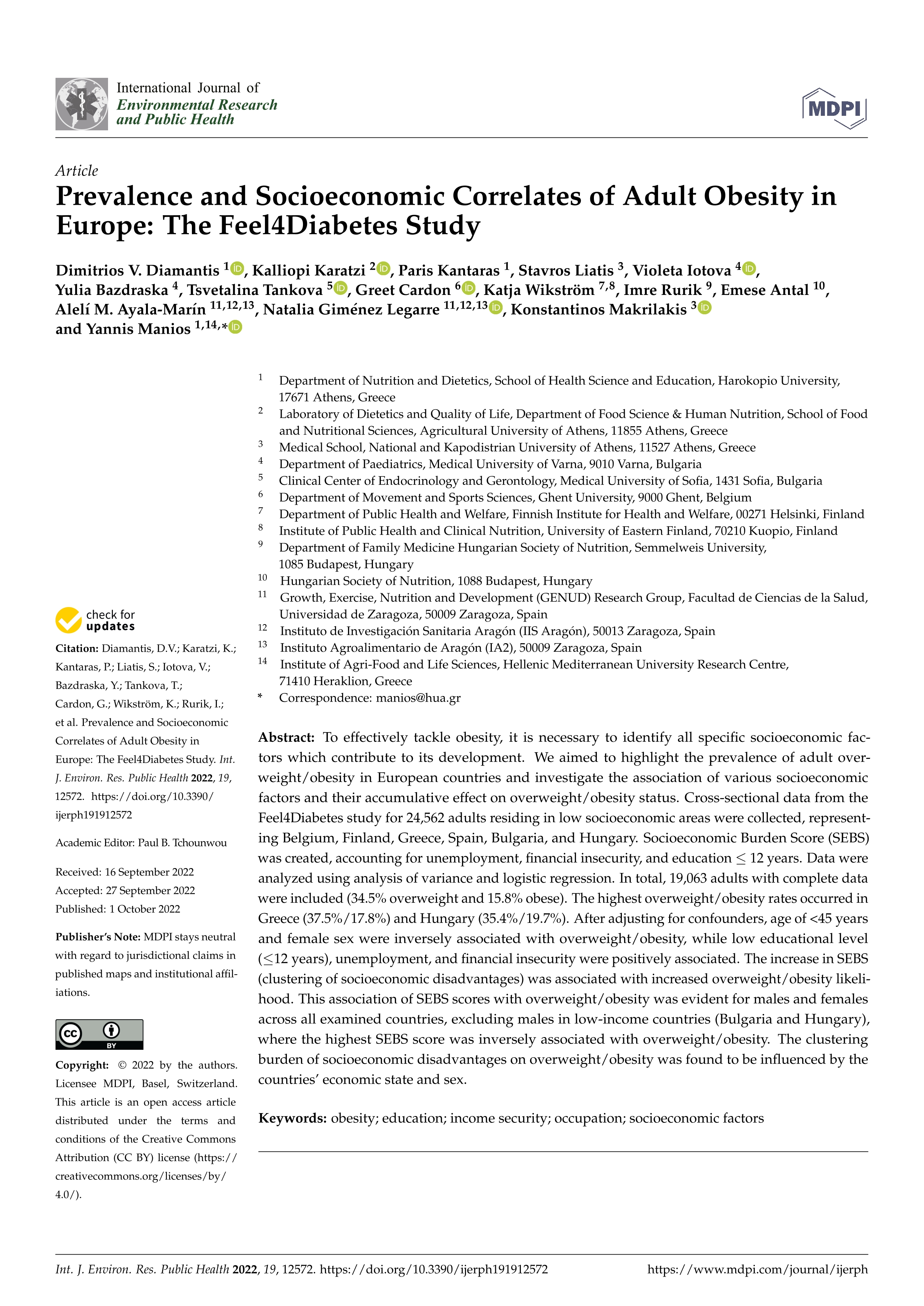 Prevalence and Socioeconomic Correlates of Adult Obesity in Europe: The Feel4Diabetes Study