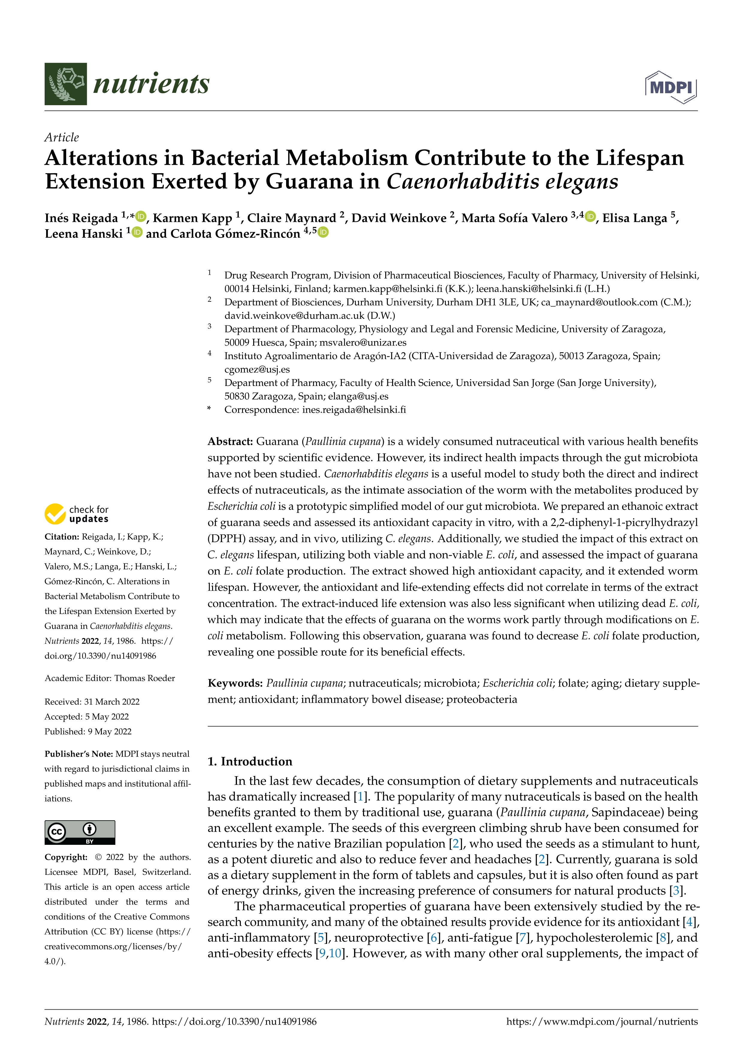 Alterations in bacterial metabolism contribute to the Lifespan Extension Exerted by Guarana in Caenorhabditis elegans