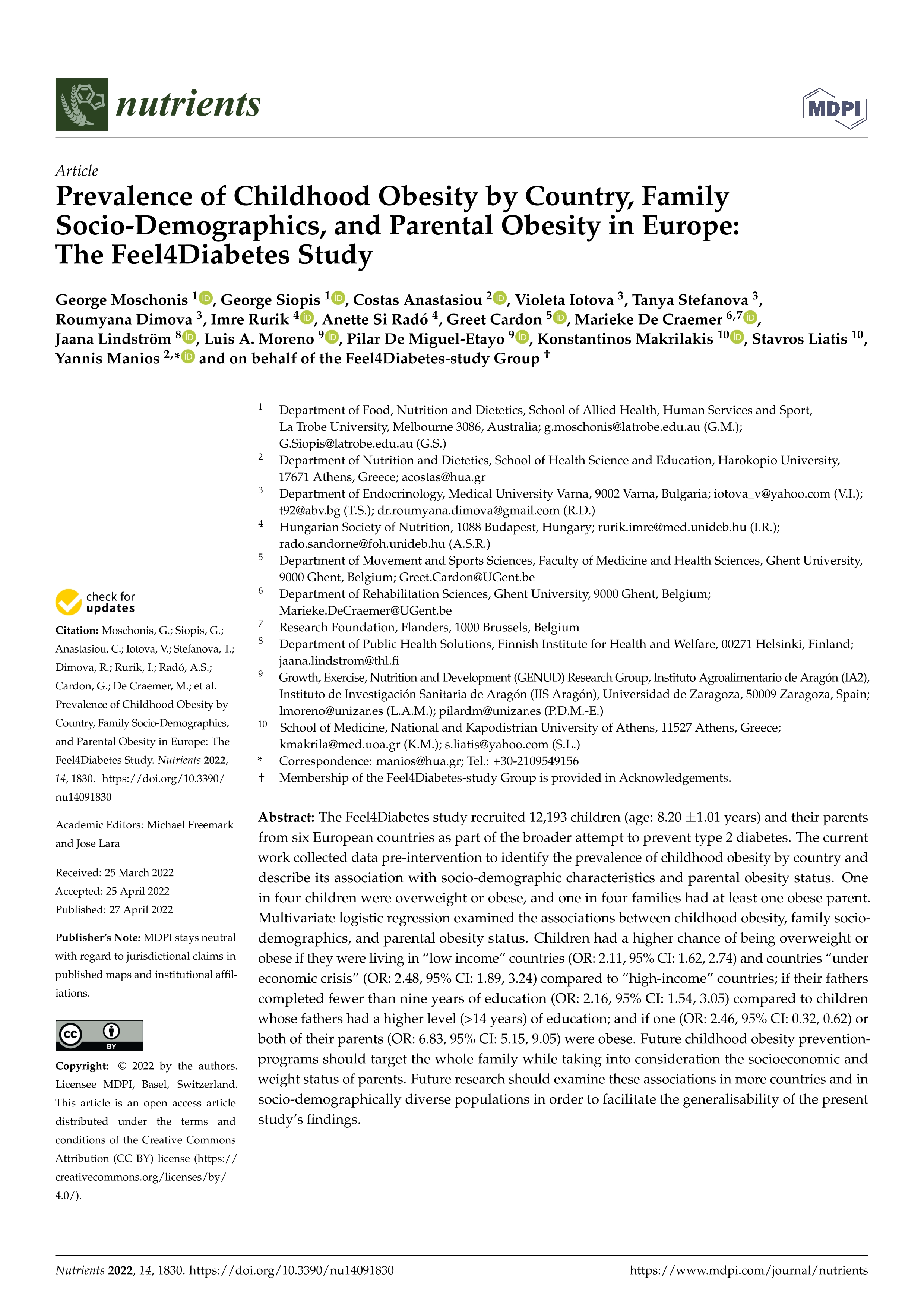 Prevalence of childhood obesity by country, family socio-demographics, and parental obesity in Europe: The Feel4Diabetes Study
