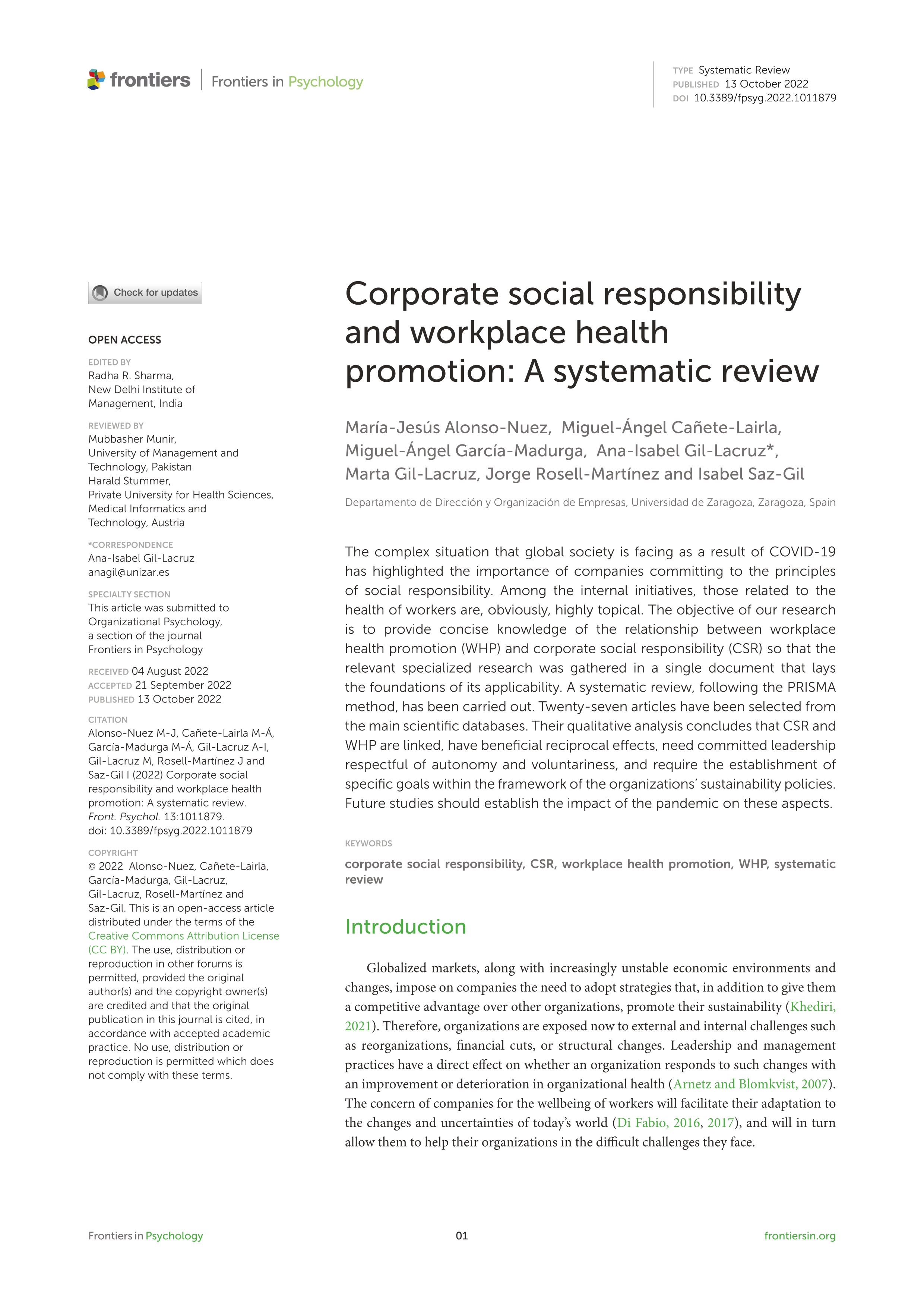 Corporate social responsibility and workplace health promotion: A systematic review