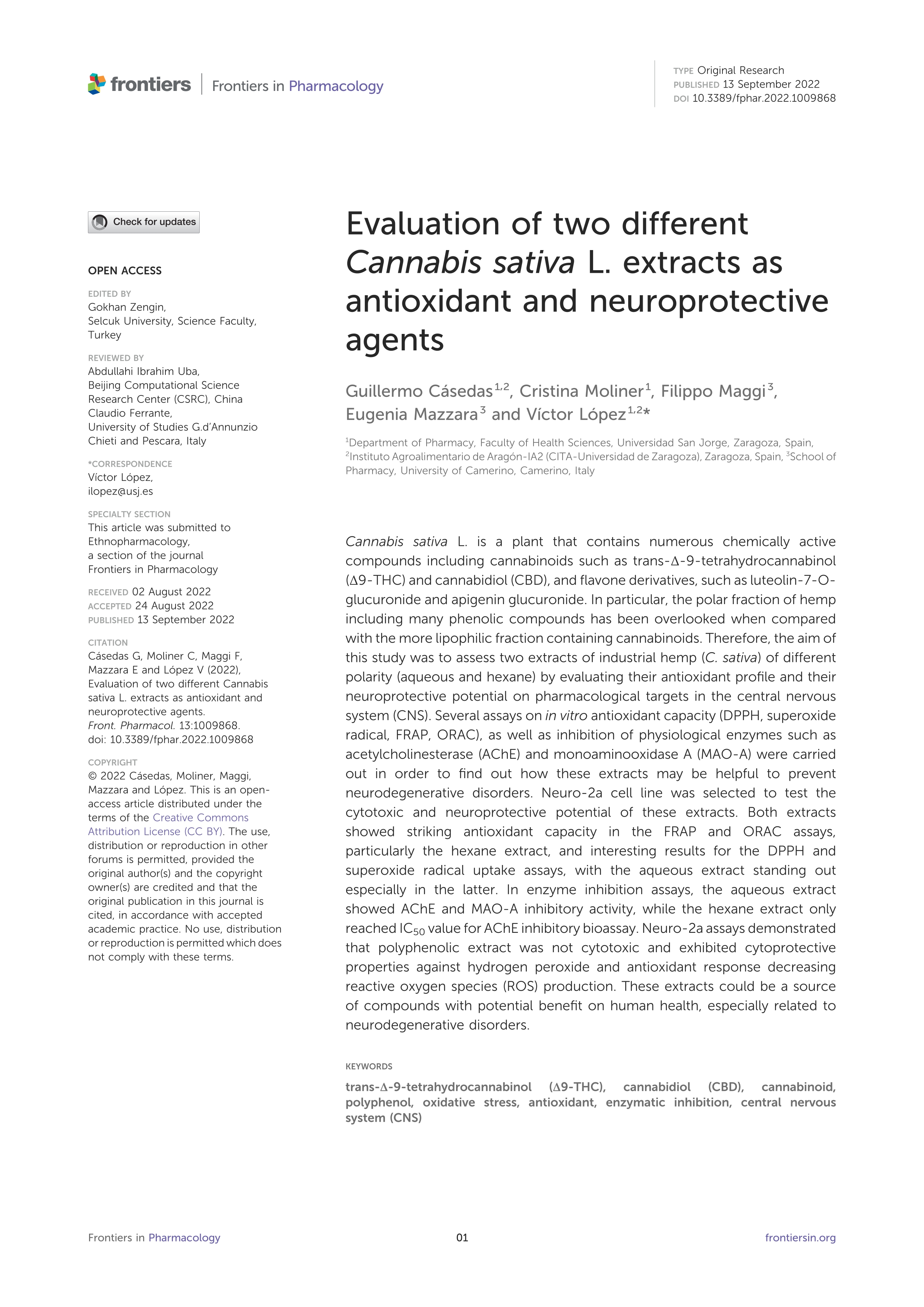 Evaluation of two different Cannabis sativa L. extracts as antioxidant and neuroprotective agents