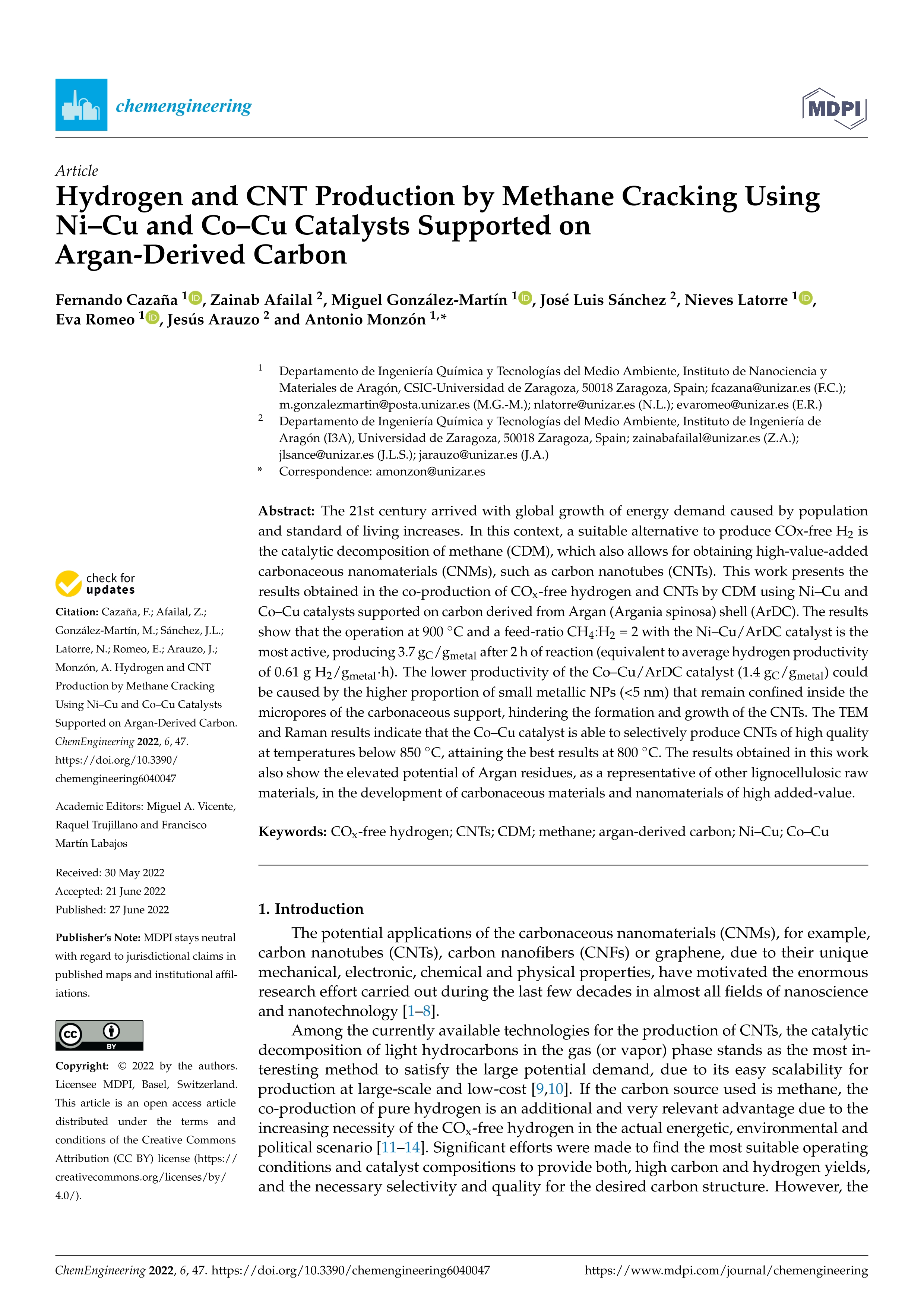 Hydrogen and CNT production by methane cracking using Ni–Cu and Co–Cu catalysts supported on argan-derived carbon