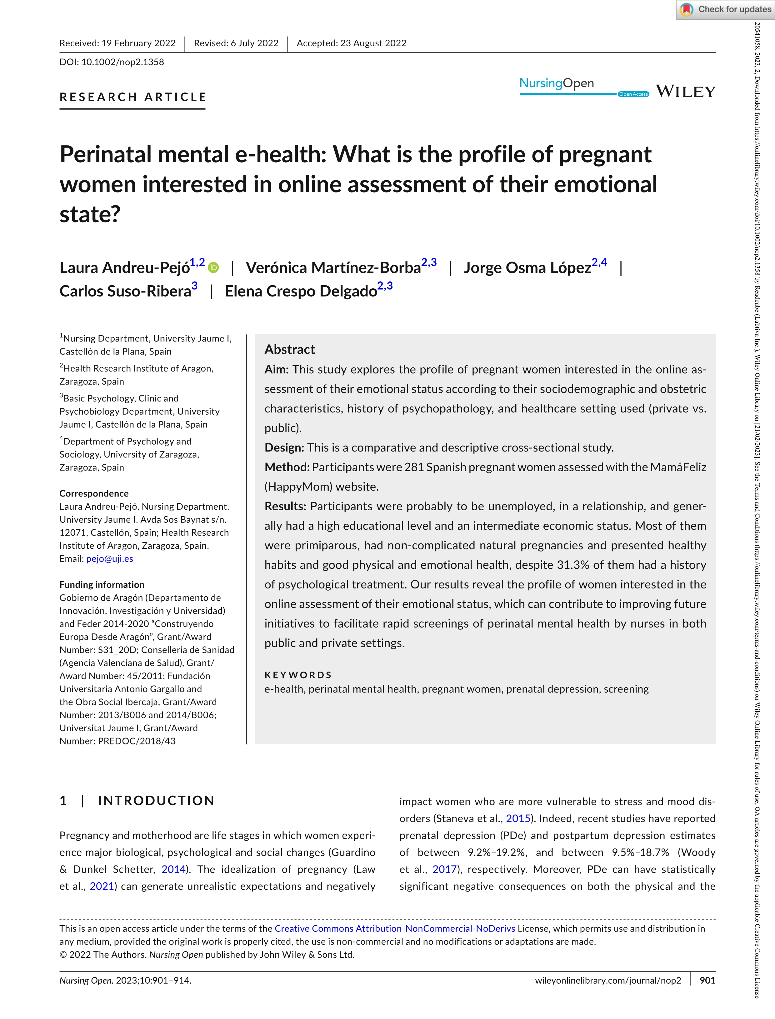 Perinatal mental e-health: What is the profile of pregnant women interested in online assessment of their emotional state?