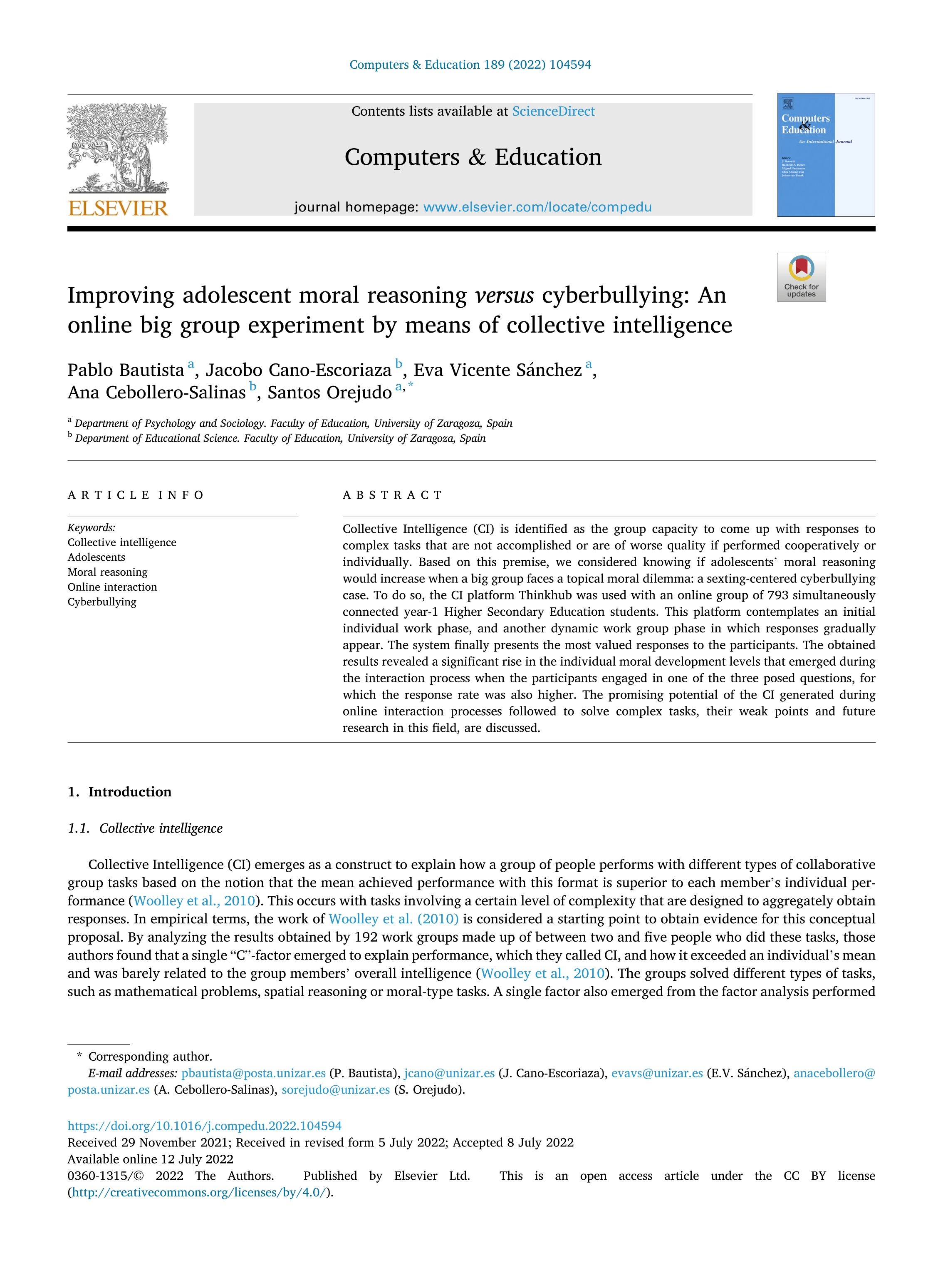 Improving adolescent moral reasoning versus cyberbullying: An online big group experiment by means of collective intelligence