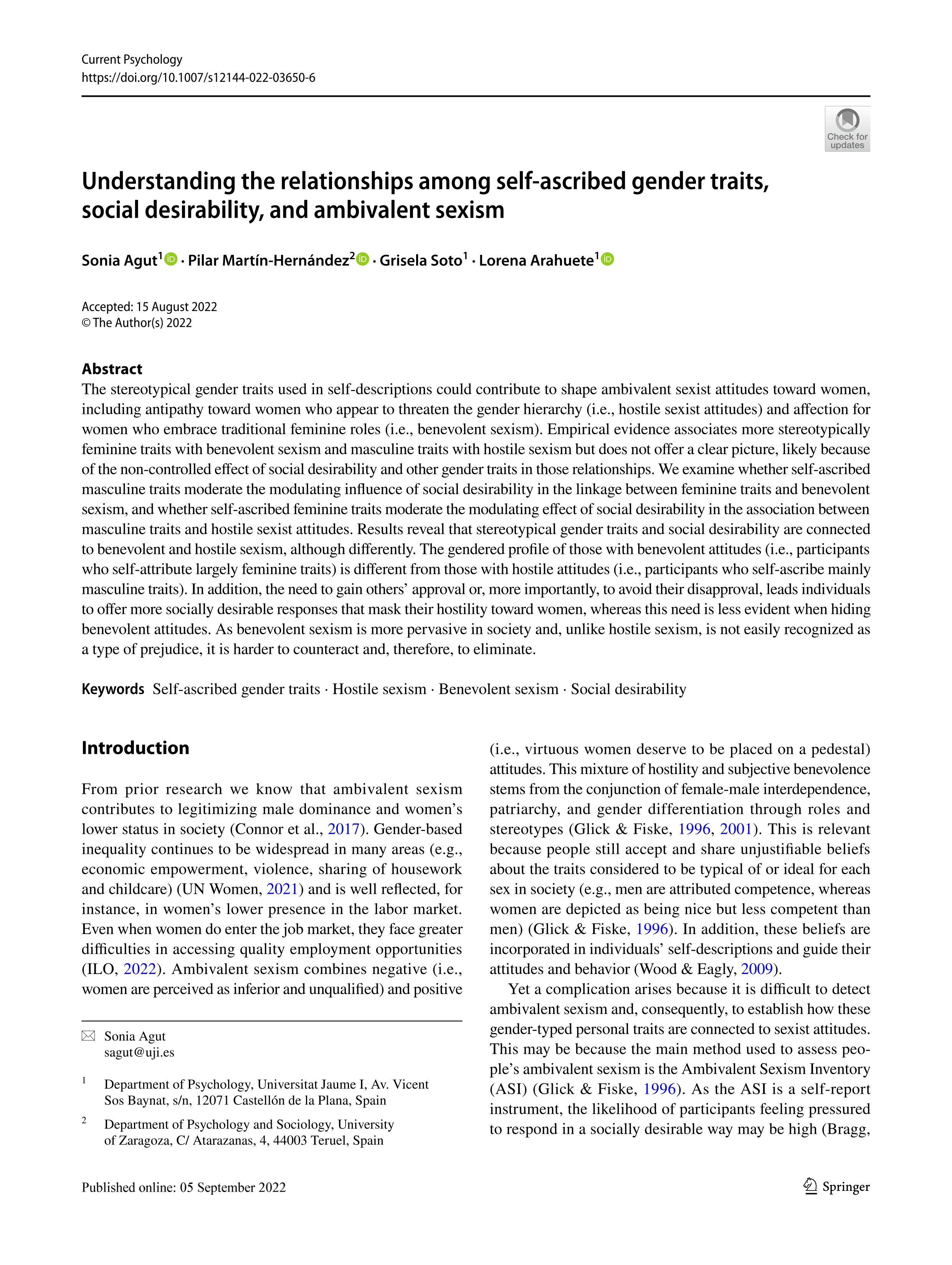 Understanding the relationships among self-ascribed gender traits, social desirability, and ambivalent sexism