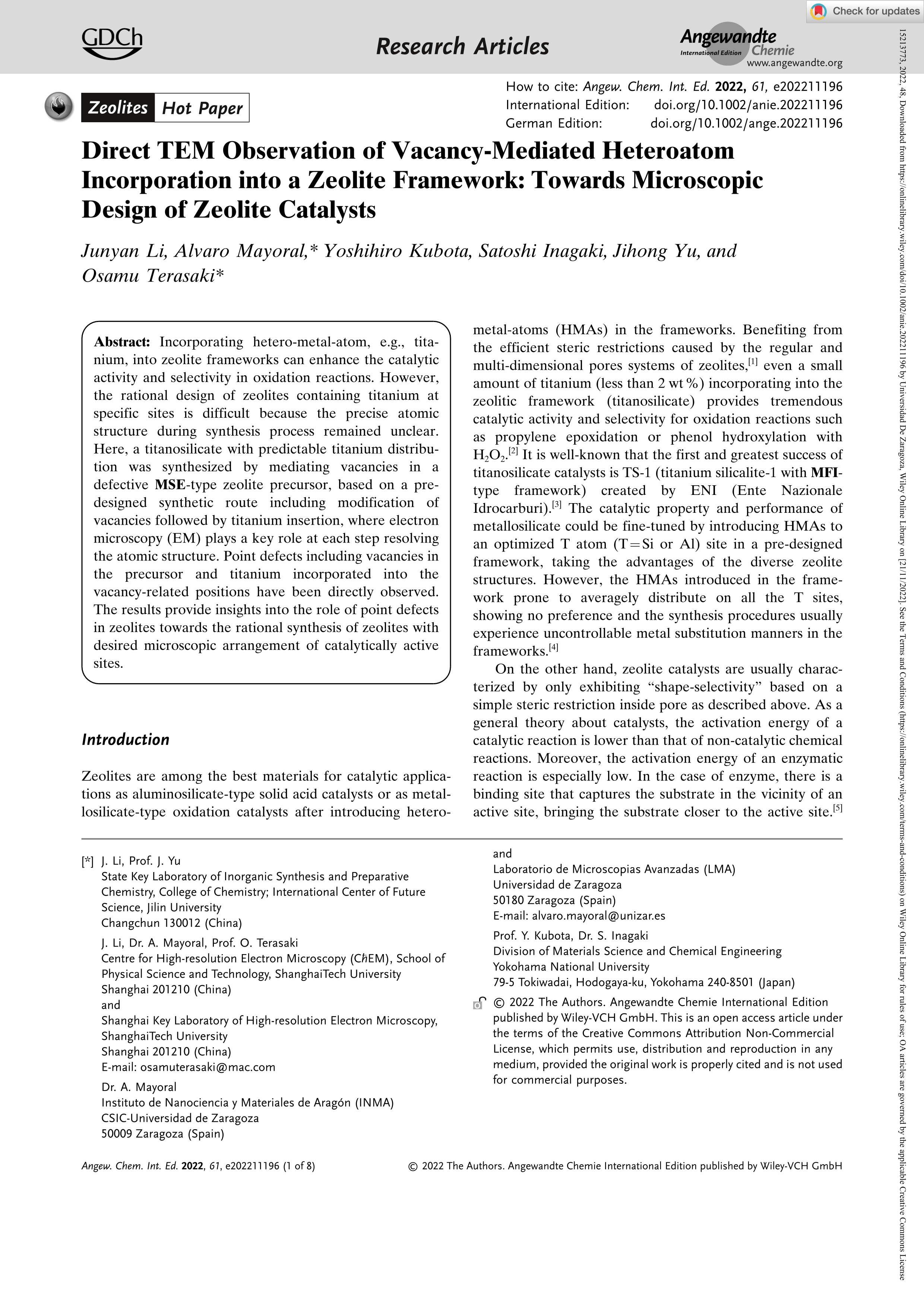 Direct TEM Observation of Vacancy-Mediated Heteroatom Incorporation into a Zeolite Framework: Towards Microscopic Design of Zeolite Catalysts