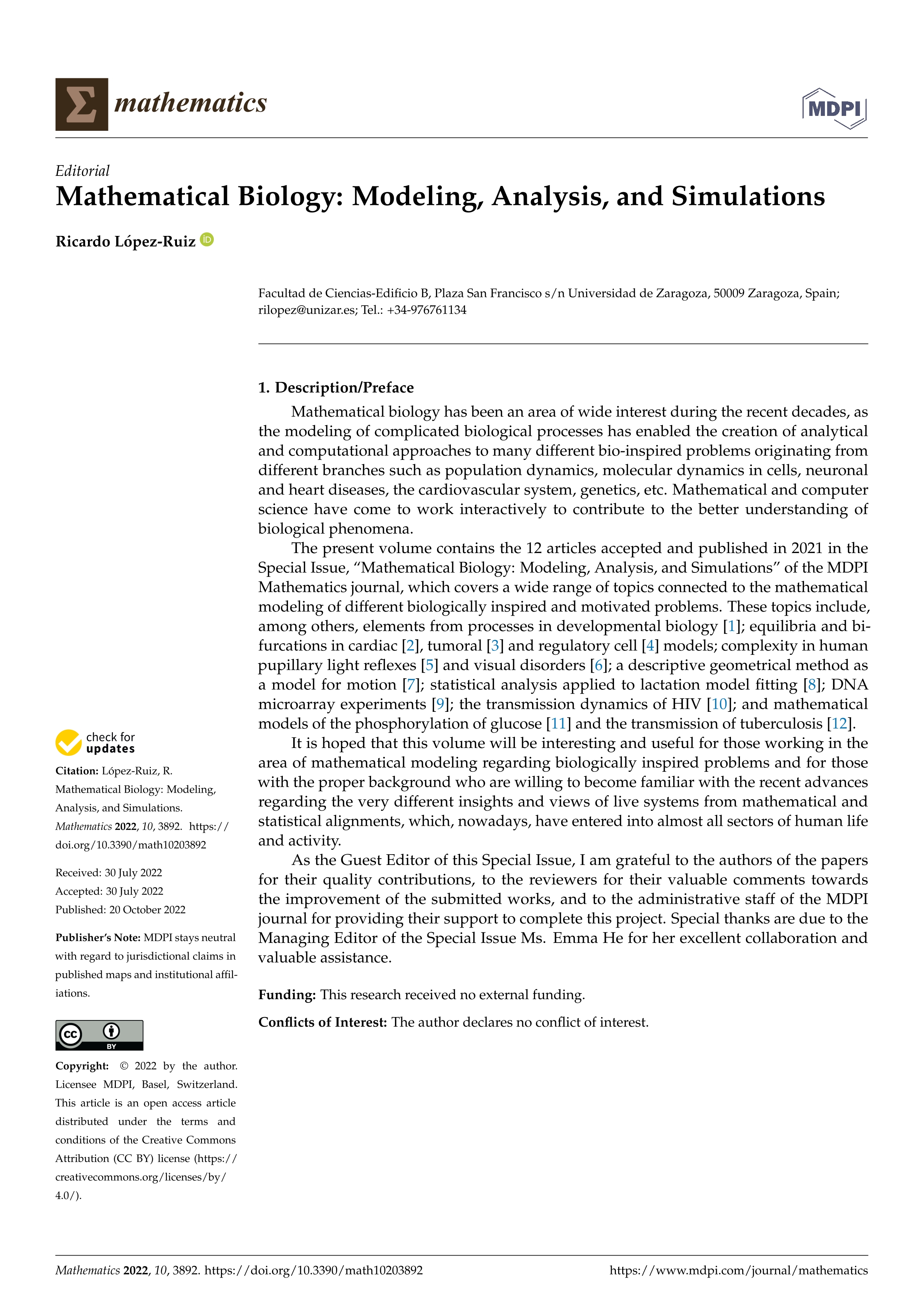 Mathematical Biology: Modeling, Analysis, and Simulations