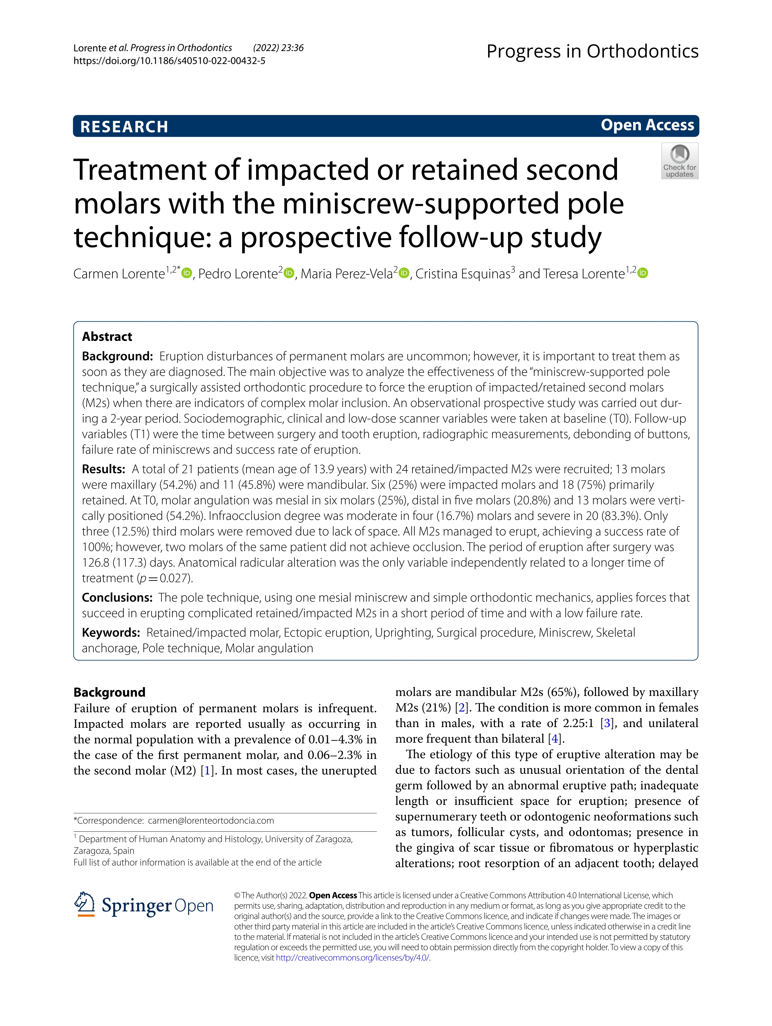 Treatment of impacted or retained second molars with the miniscrew-supported pole technique: a prospective follow-up study