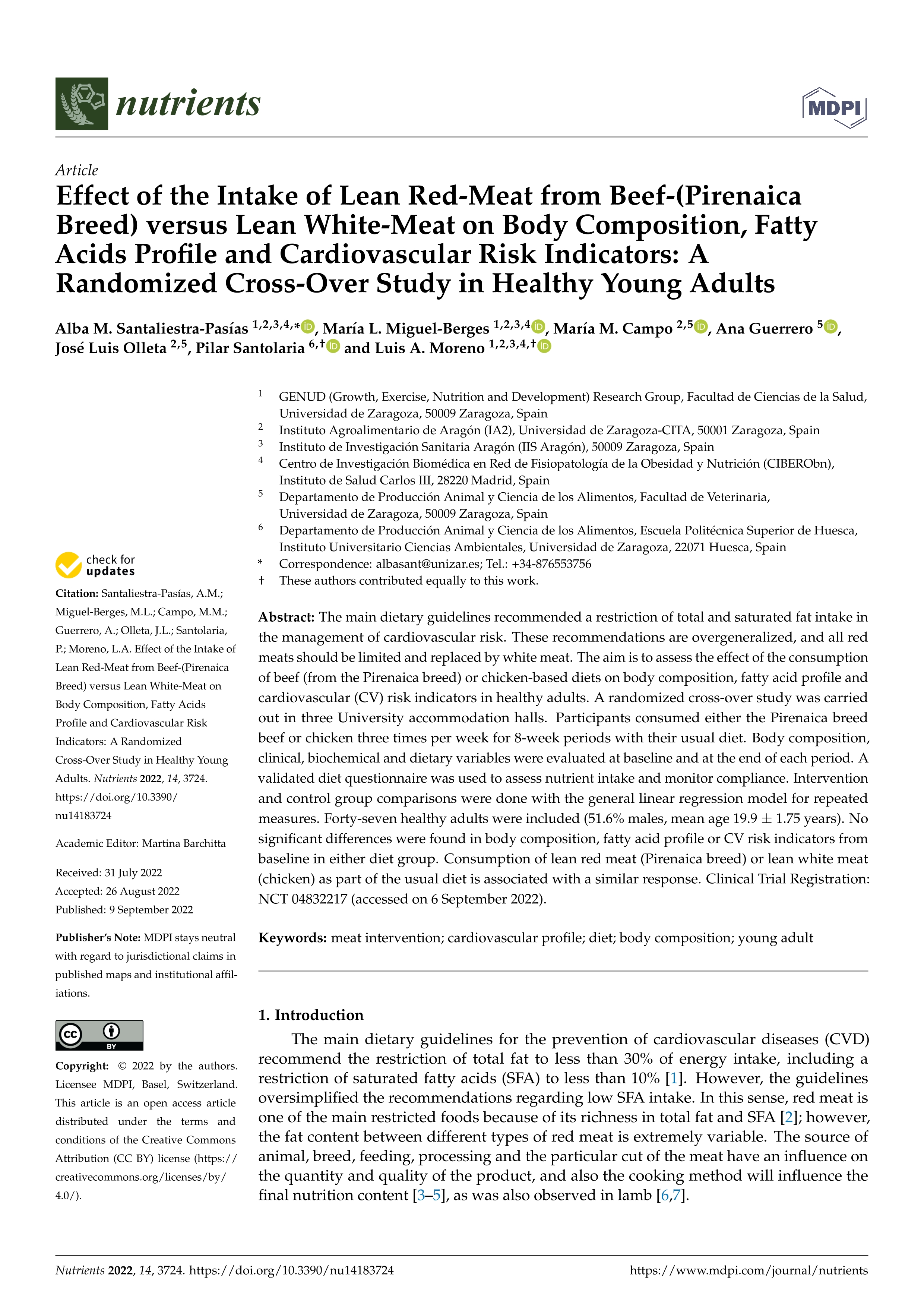 Effect of the intake of lean Red-Meat from beef-(Pirenaica Breed) versus lean White-Meat on body composition, fatty acids profile and cardiovascular risk indicators: a randomized cross-over study in healthy young adults
