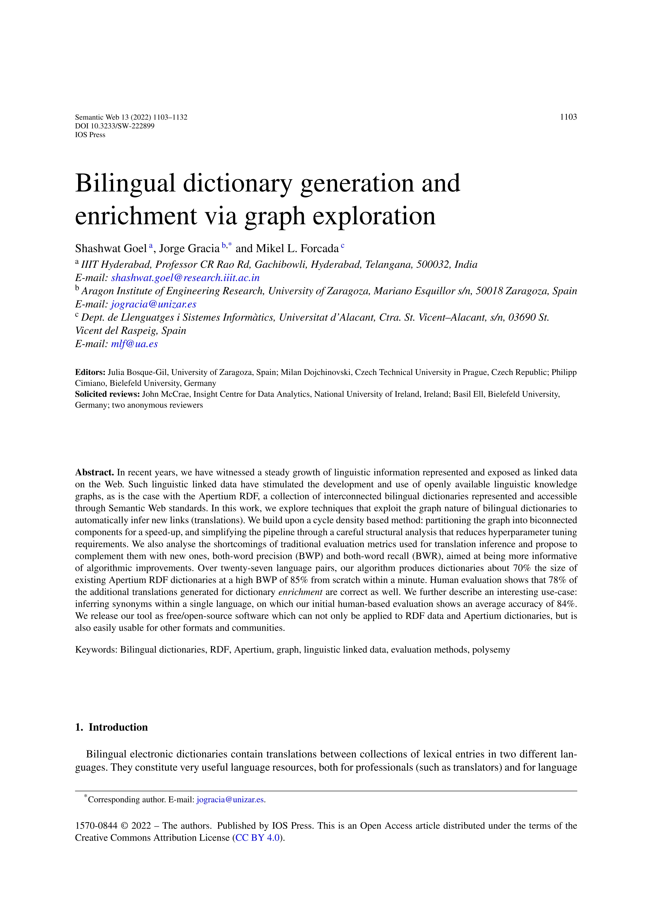 Bilingual dictionary generation and enrichment via graph exploration