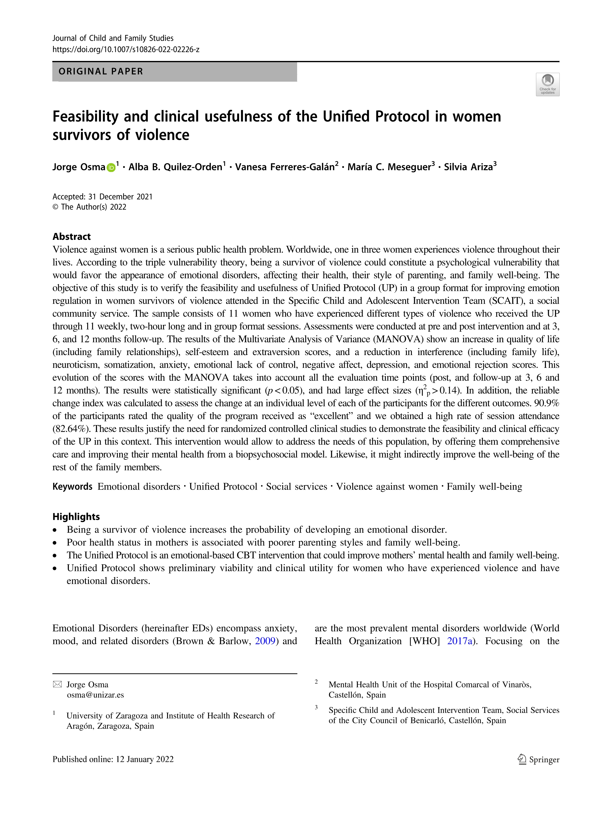 Feasibility and clinical usefulness of the Unified Protocol in women survivors of violence