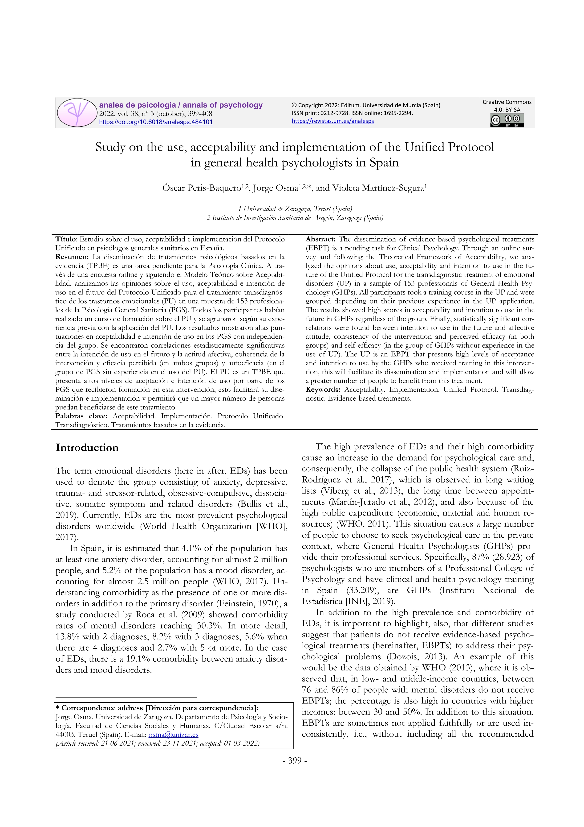 Study on the use, acceptability and implementation of the Unified Protocol in general health psychologists in Spain