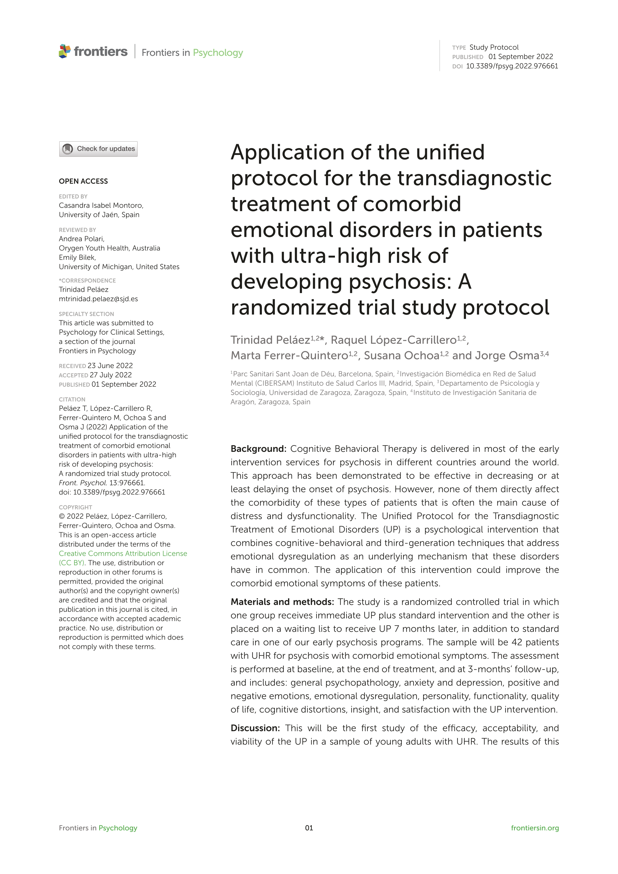 Application of the unified protocol for the transdiagnostic treatment of comorbid emotional disorders in patients with ultra-high risk of developing psychosis: A randomized trial study protocol