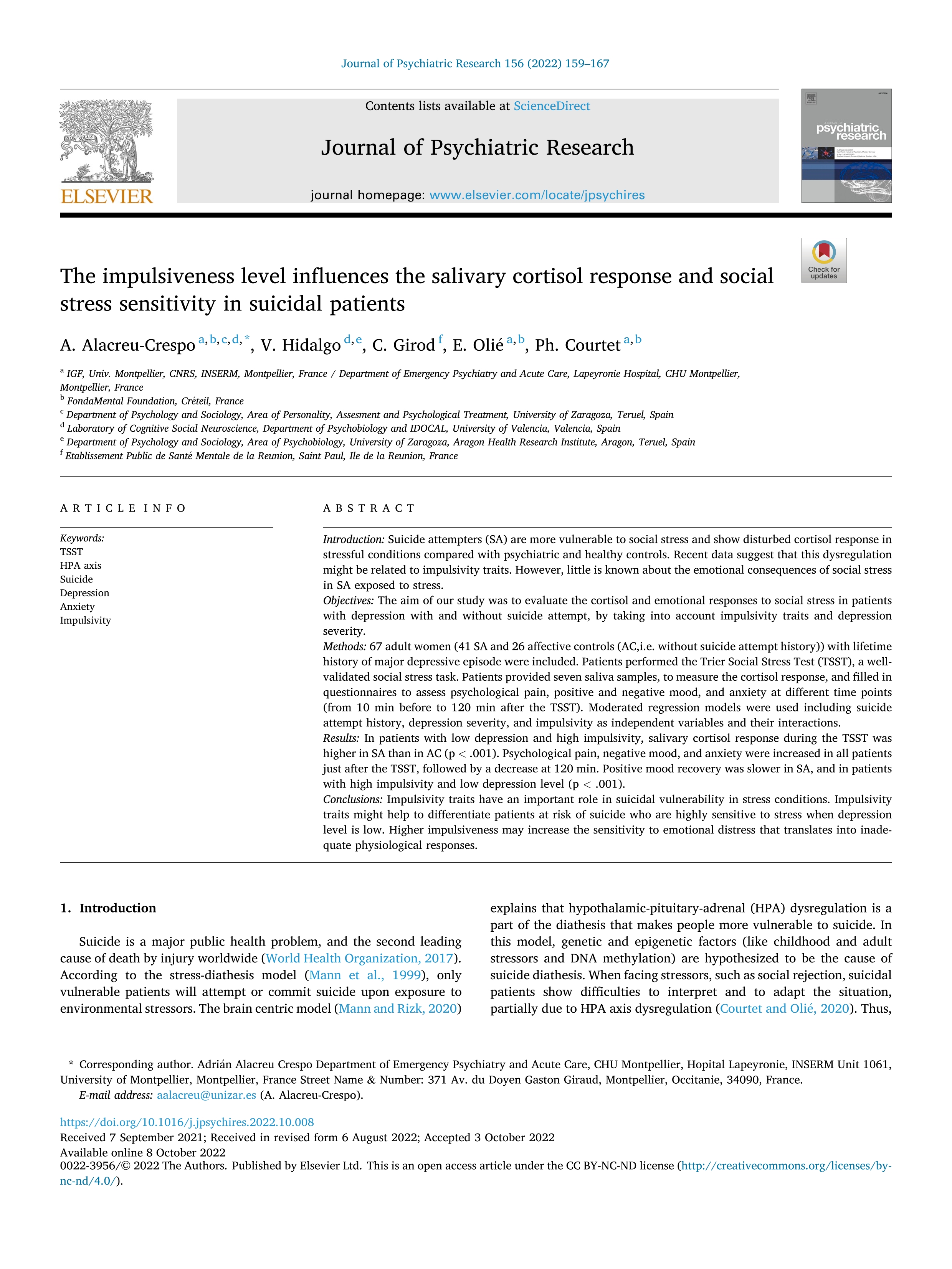 The impulsiveness level influences the salivary cortisol response and social stress sensitivity in suicidal patients