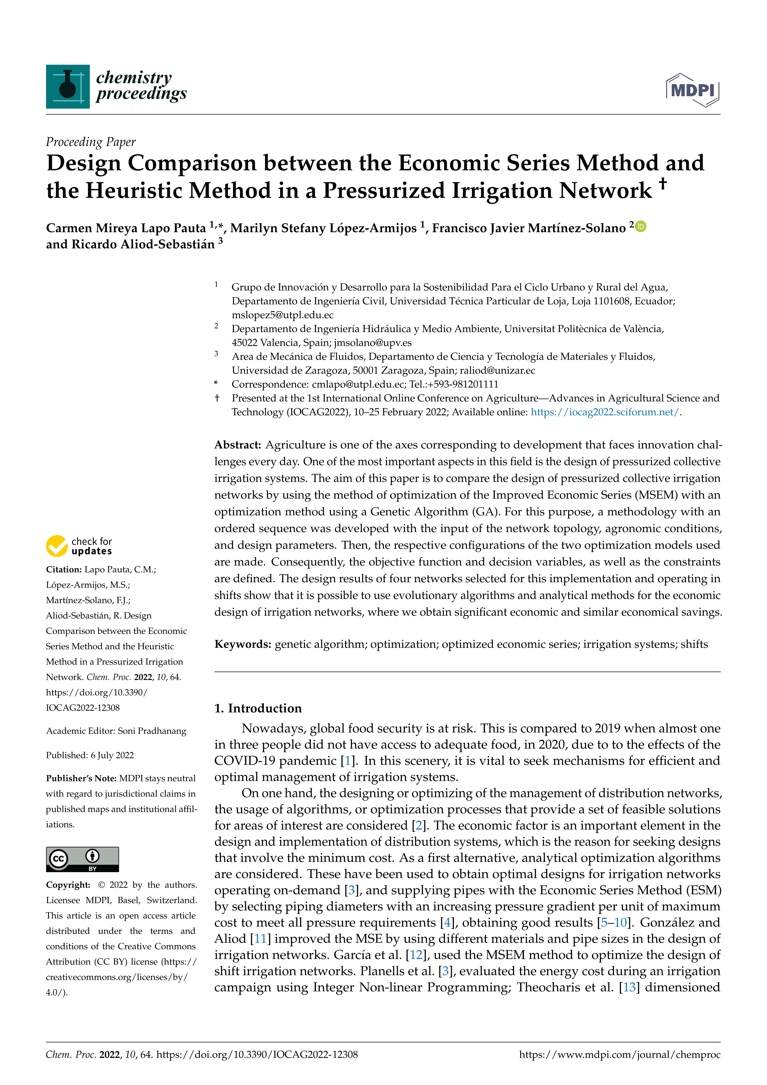 Design comparison between the economic series method and the Heuristic Method in a pressurized irrigation network