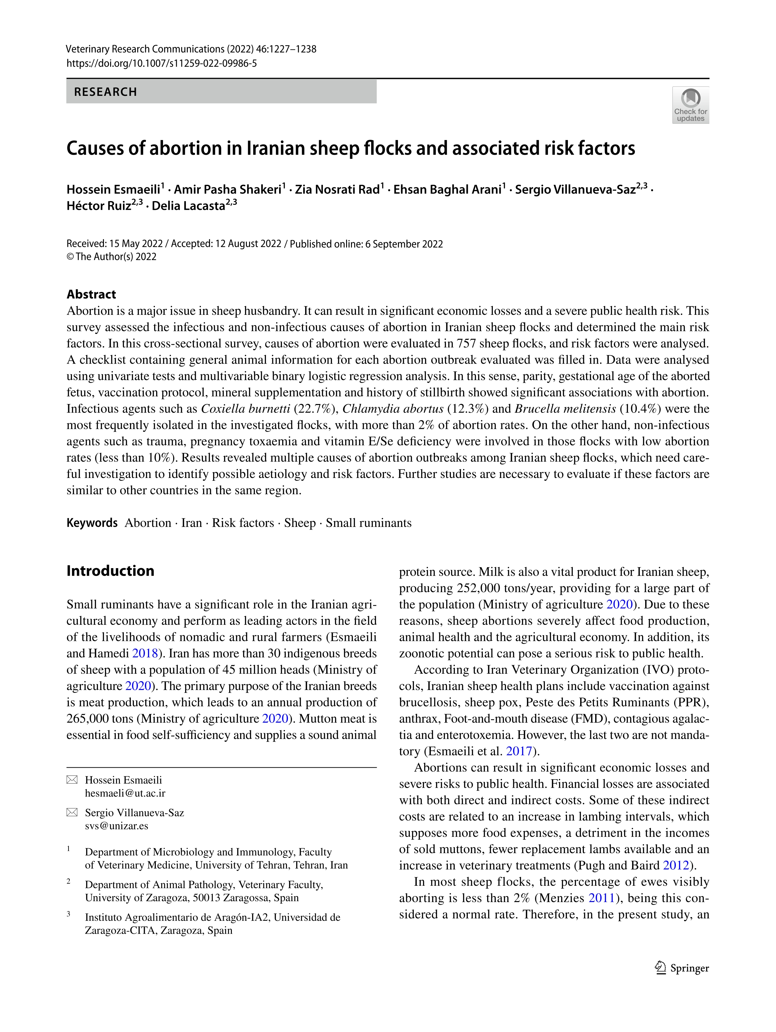 Causes of abortion in Iranian sheep flocks and associated risk factors