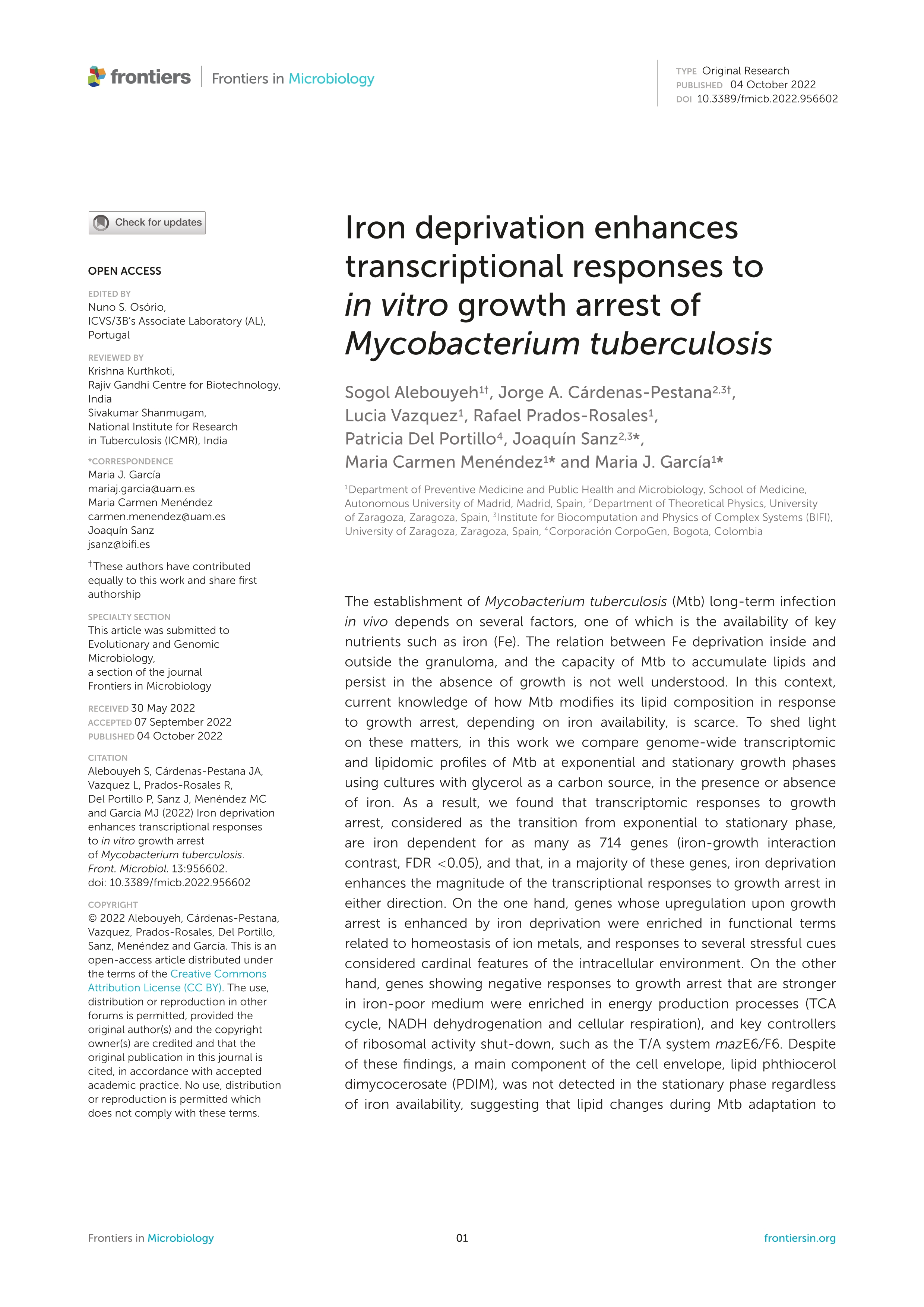 Iron deprivation enhances transcriptional responses to in vitro growth arrest of Mycobacterium tuberculosis