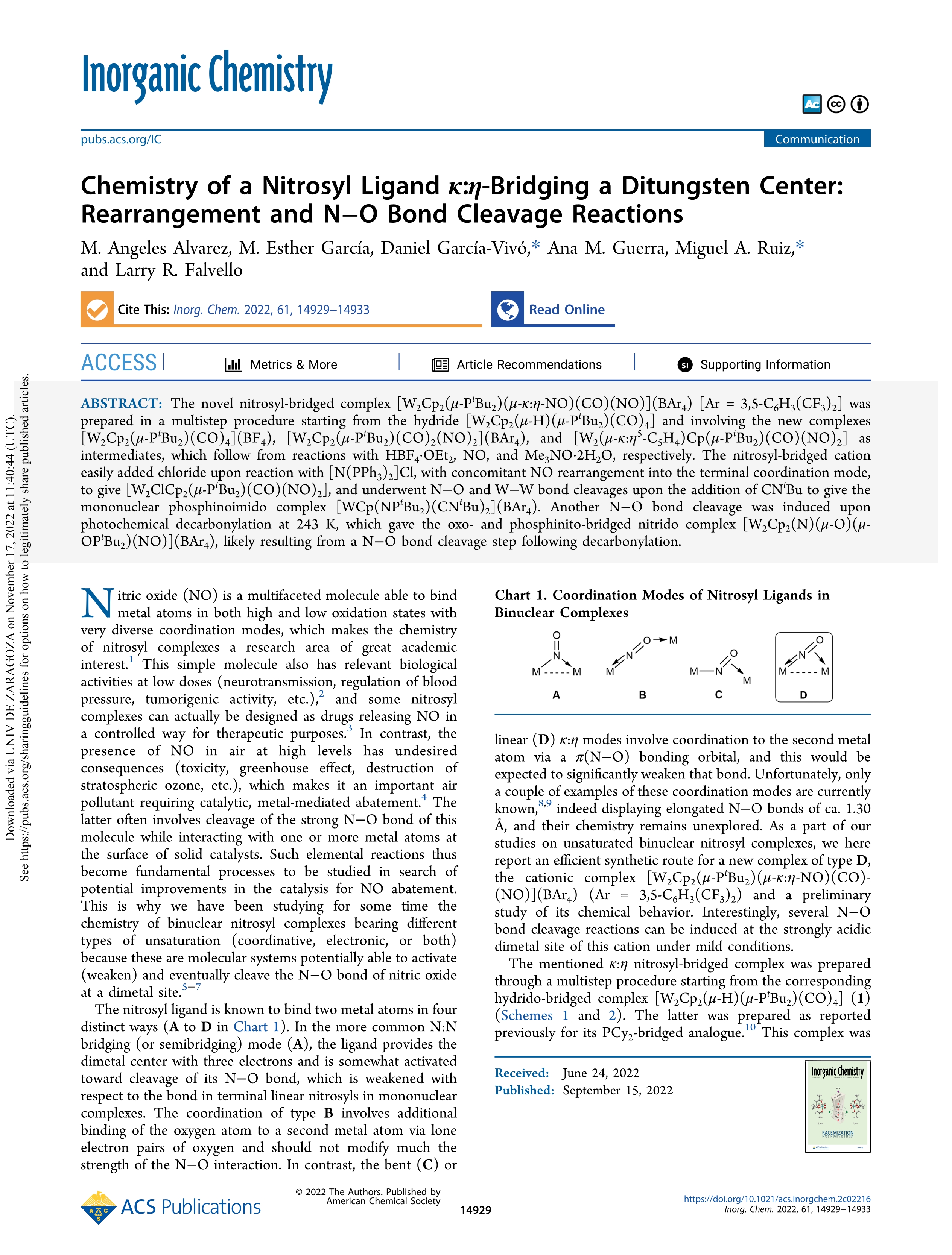 Chemistry of a Nitrosyl Ligand ¿:¿-Bridging a Ditungsten Center: rearrangement and N–O Bond cleavage reactions