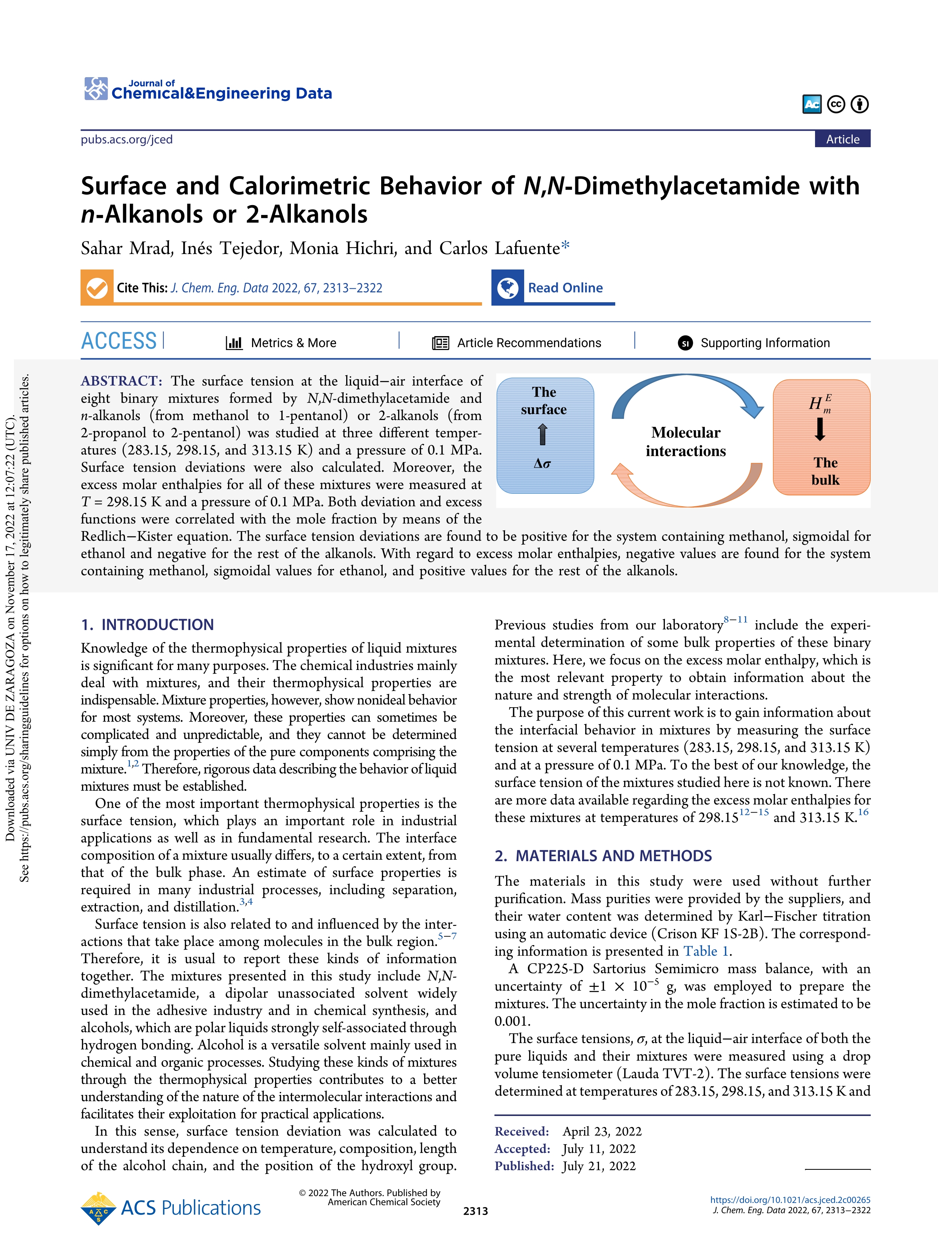 Surface and calorimetric behavior of N, N-Dimethylacetamide with n-Alkanols or 2-Alkanols