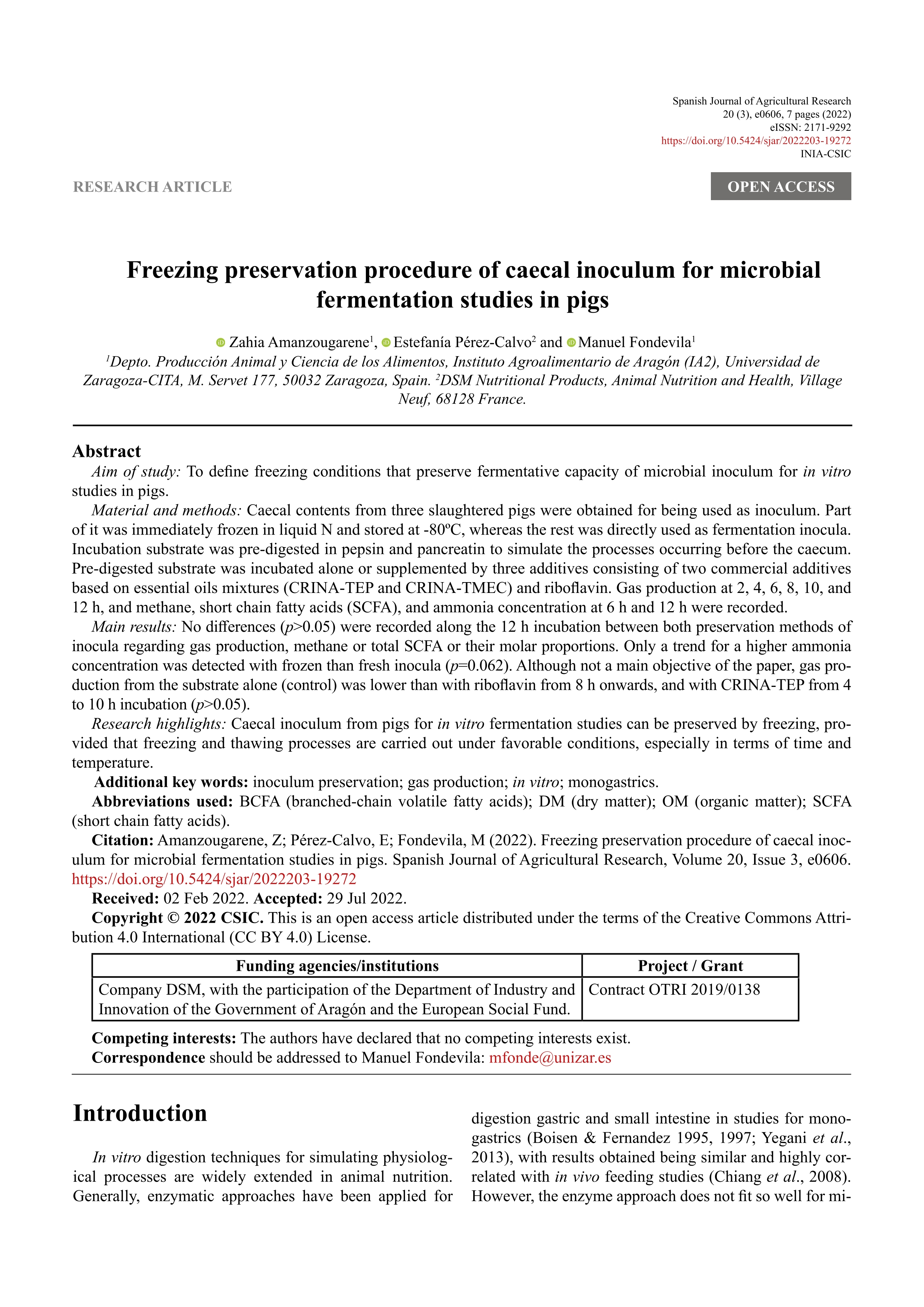 Freezing preservation procedure of caecal inoculum for microbial fermentation studies in pigs