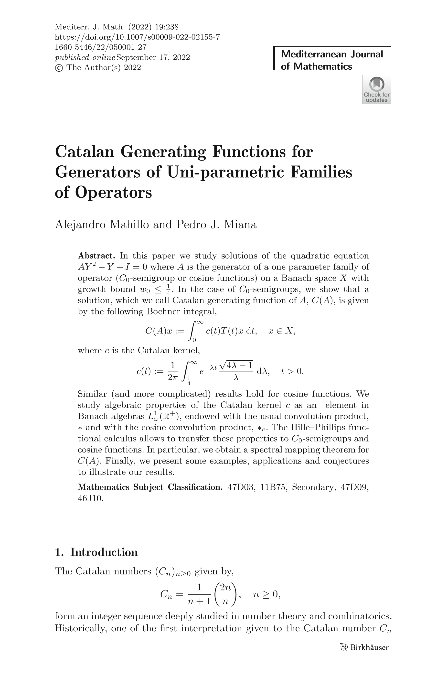 Catalan Generating Functions for Generators of Uni-parametric Families of Operators