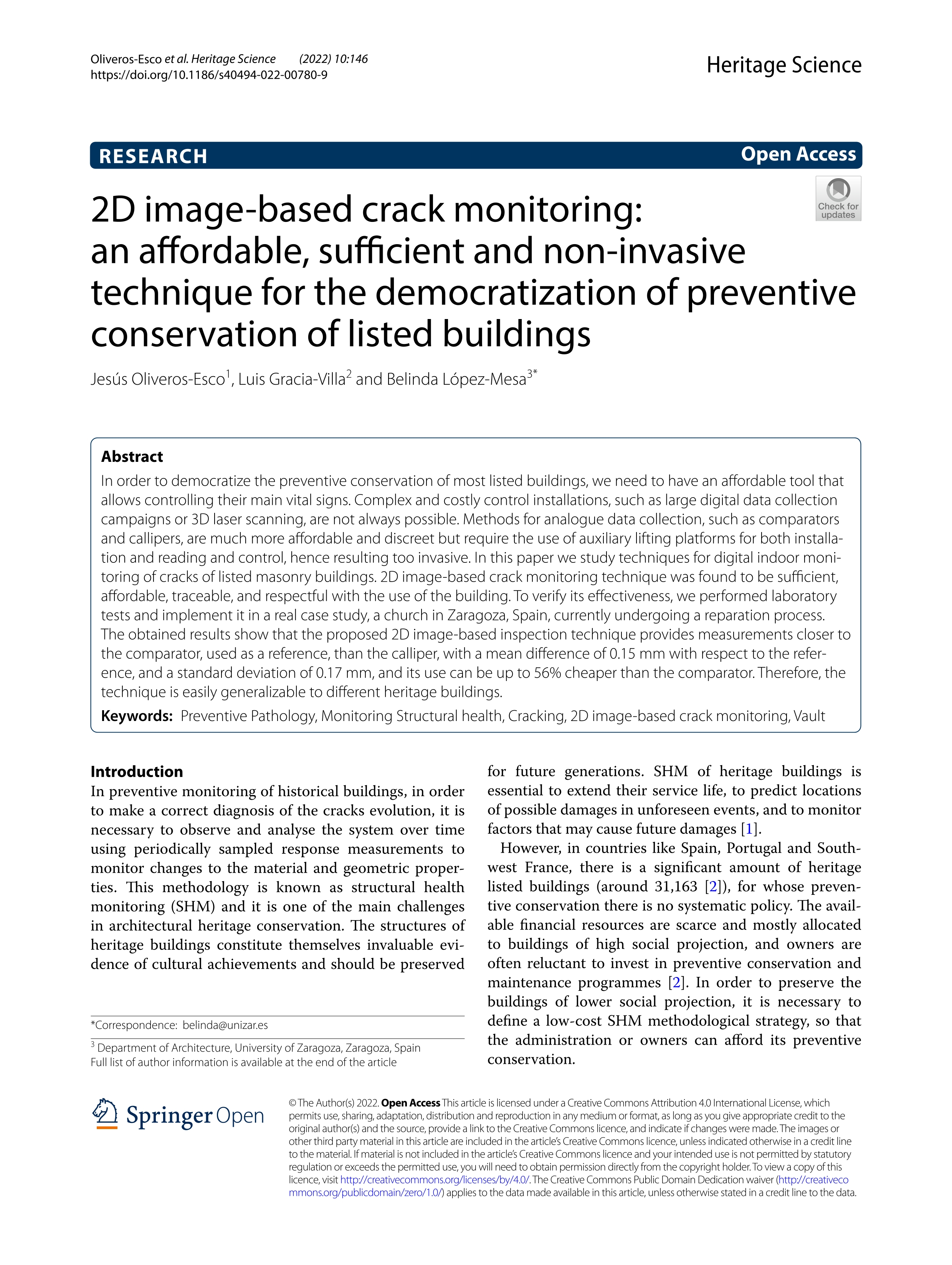 2D image-based crack monitoring: an affordable, sufficient and non-invasive technique for the democratization of preventive conservation of listed buildings