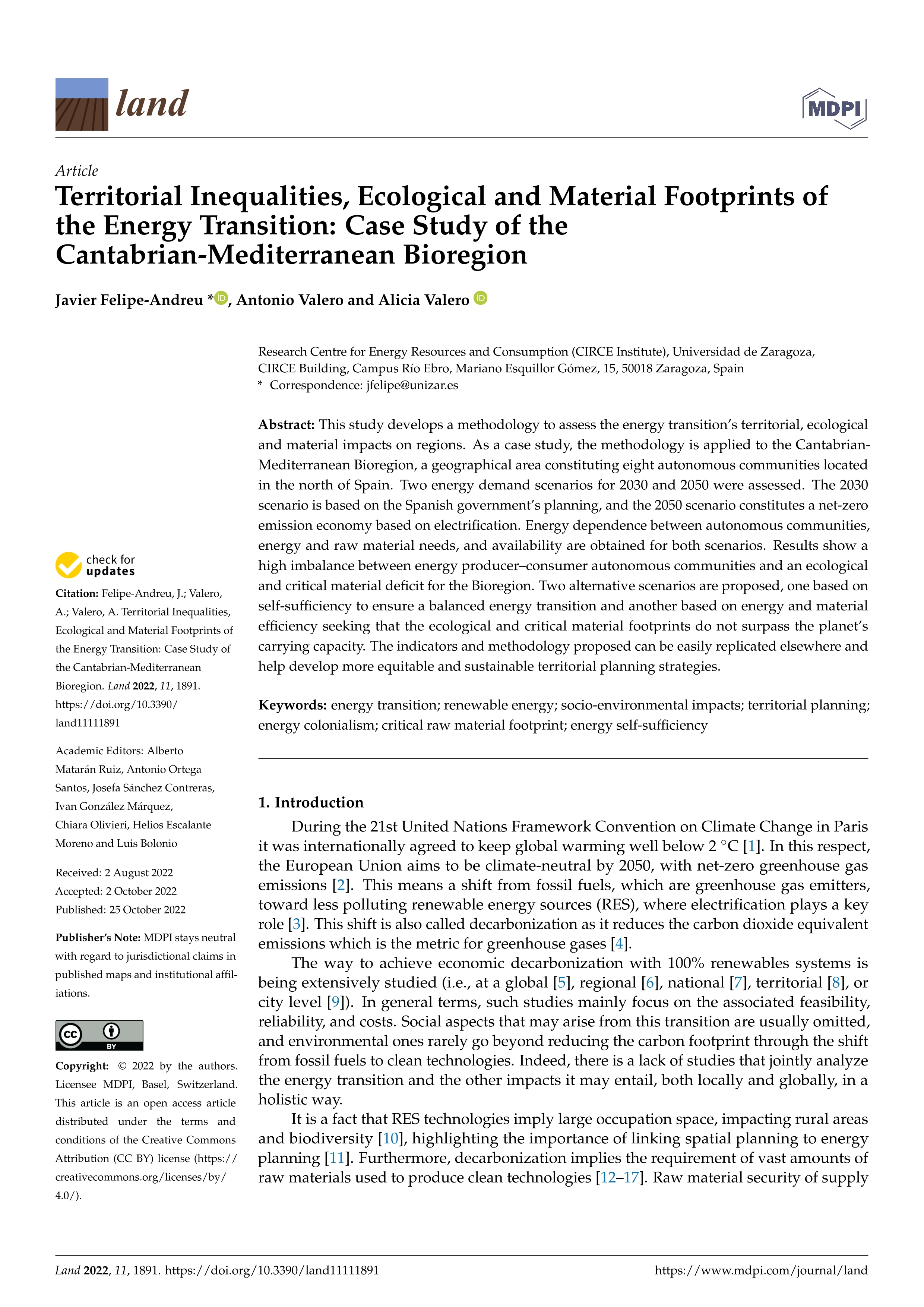 Territorial inequalities, ecological and material footprints of the energy transition: case study of the Cantabrian-Mediterranean Bioregion