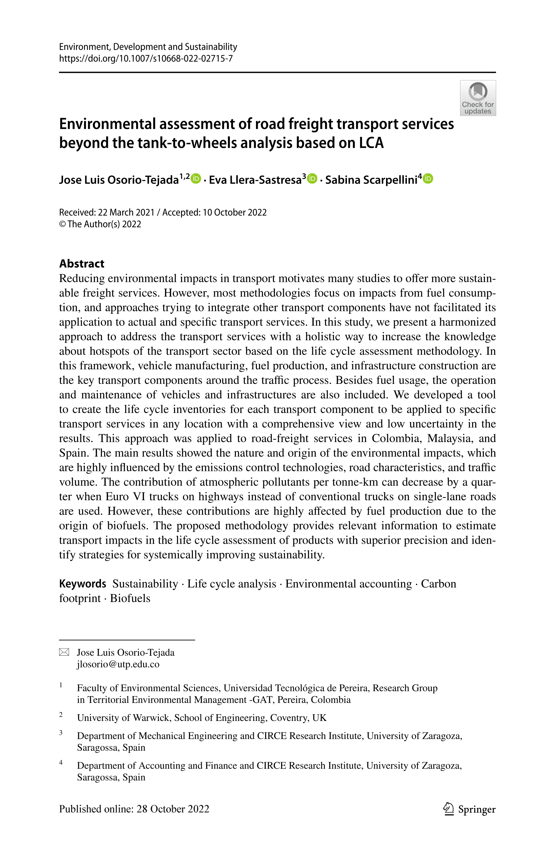 Environmental assessment of road freight transport services beyond the tank-to-wheels analysis based on LCA