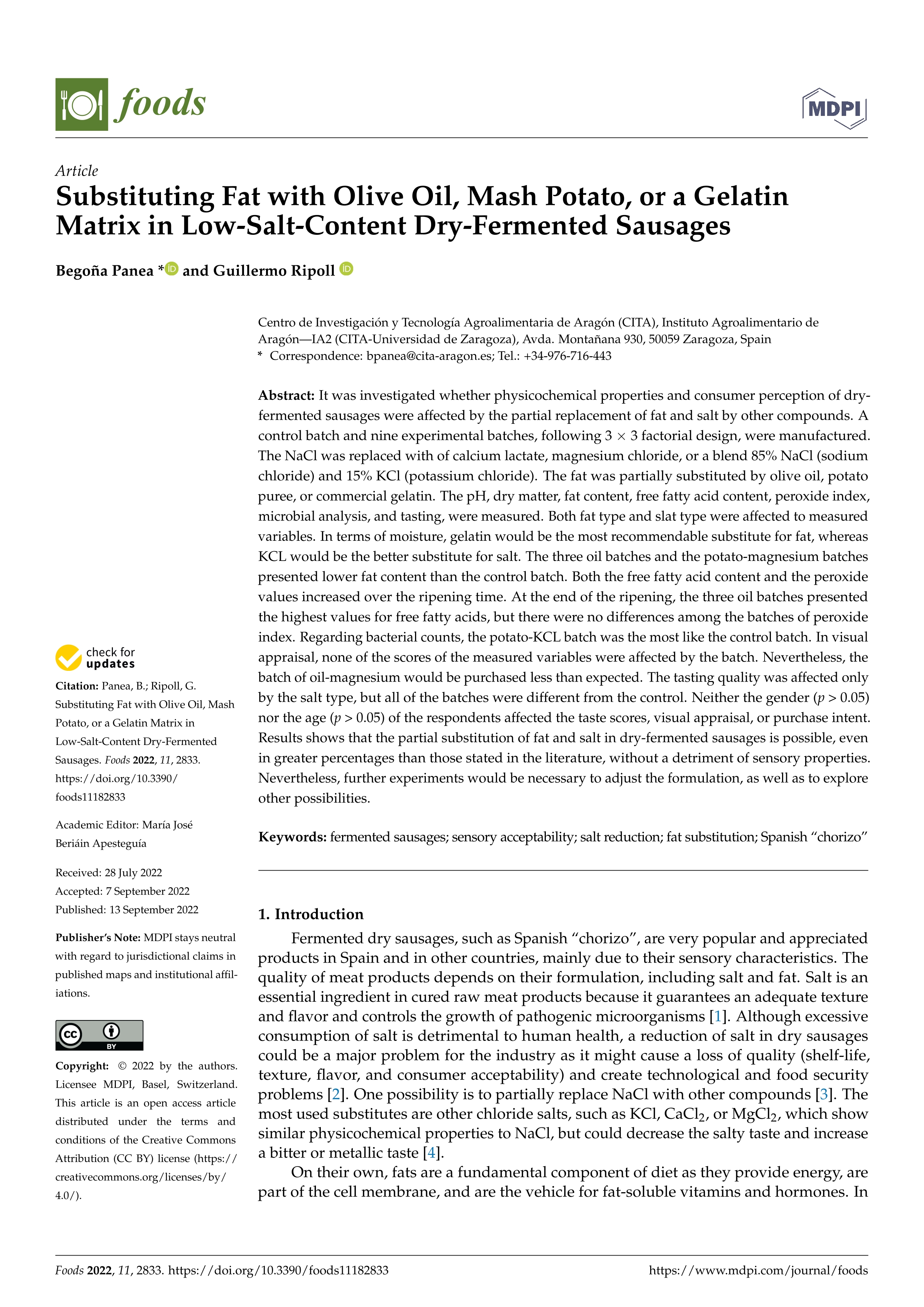 Substituting fat with olive oil, mash potato, or a gelatin matrix in low-salt-content dry-fermented sausages