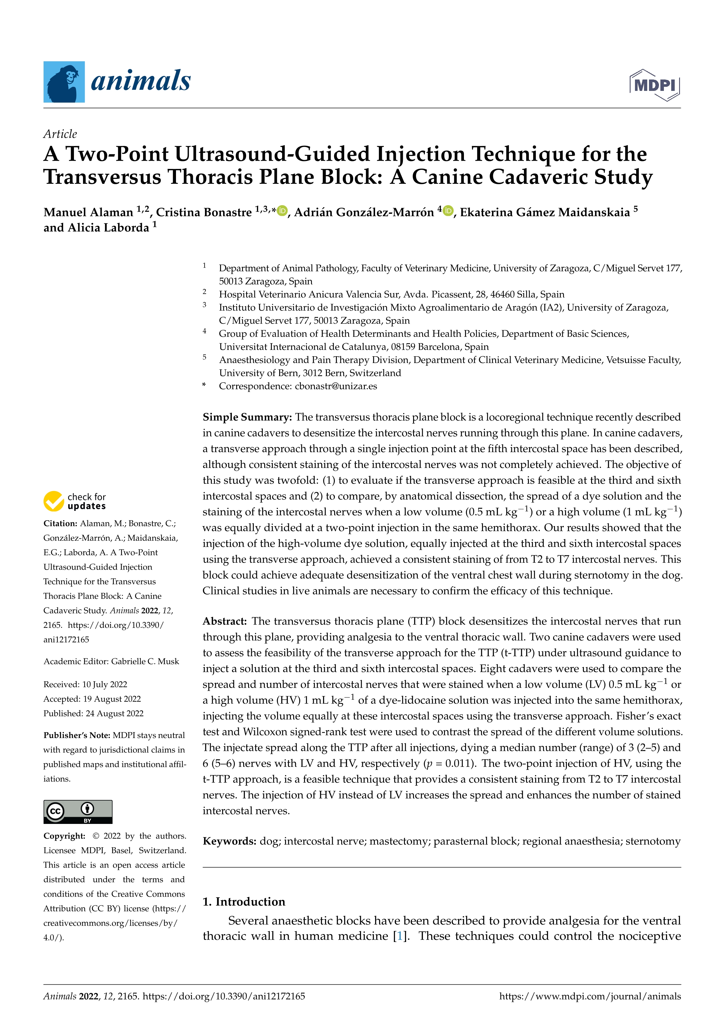 A two-point ultrasound-guided injection technique for the transversus thoracis plane block: a canine cadaveric study