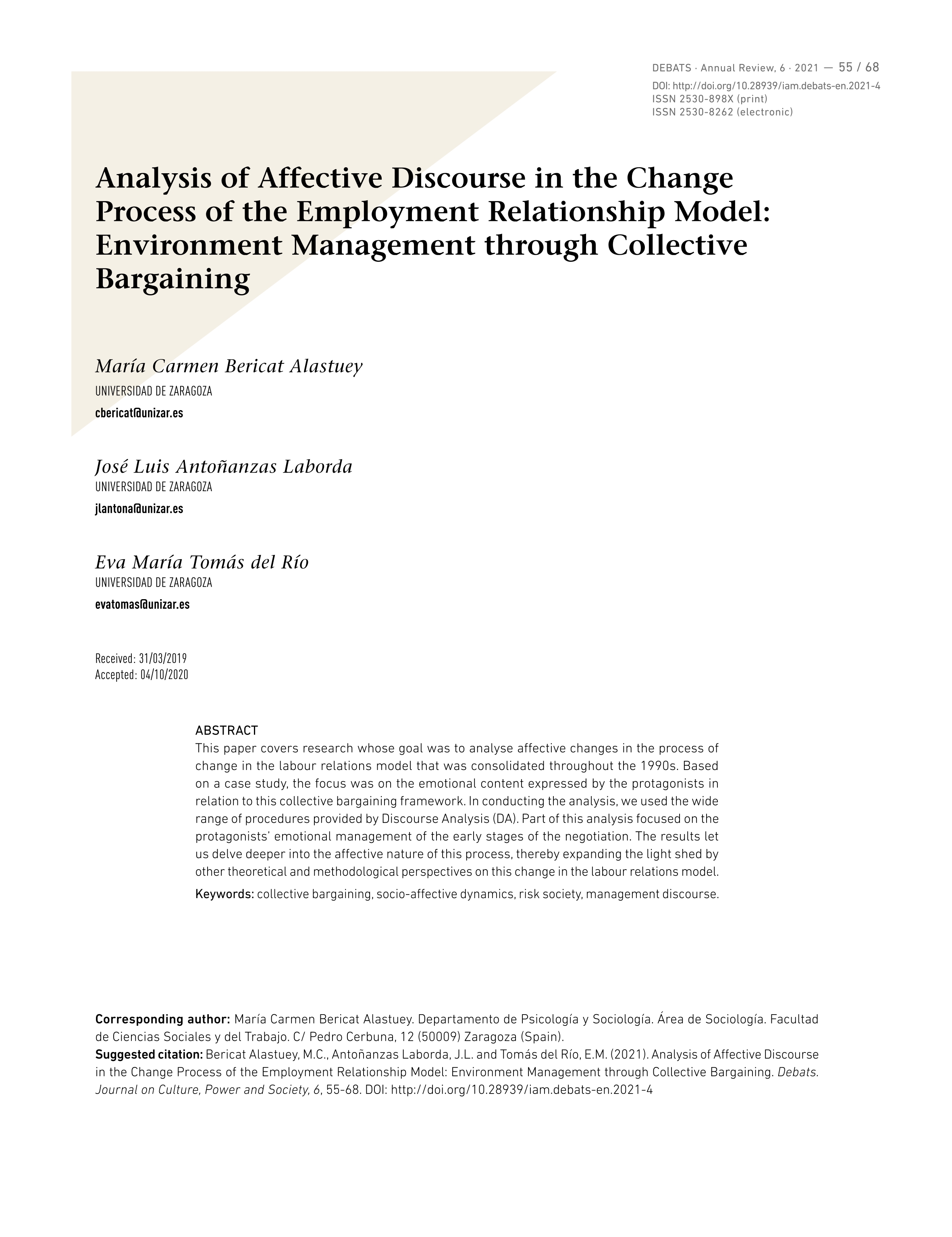 Analysis of affective discourse in the change process of the employment relationship model: environment management through collective bargaining