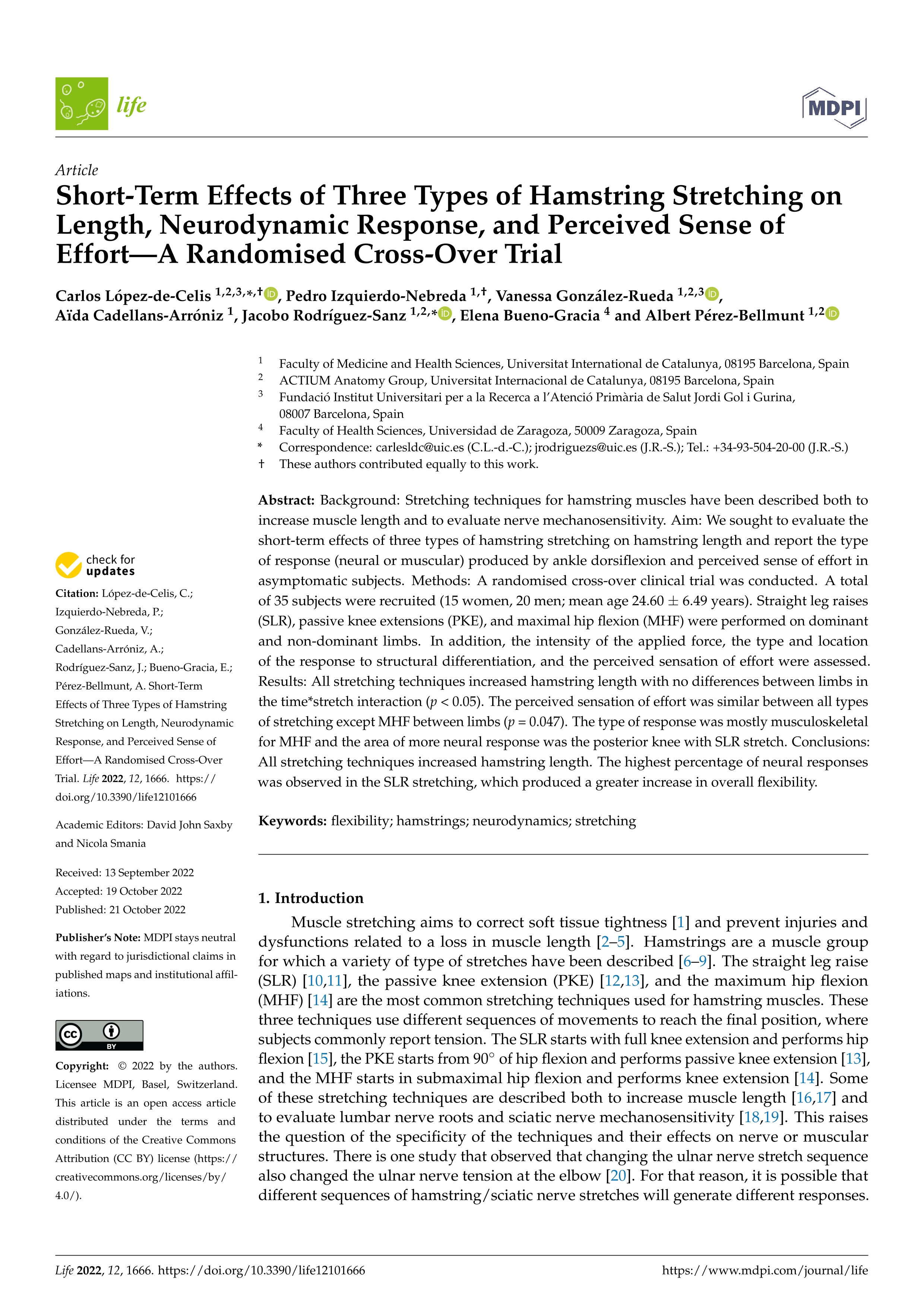 Short-Term Effects of Three Types of Hamstring Stretching on Length, Neurodynamic Response, and Perceived Sense of Effort—A Randomised Cross-Over Trial