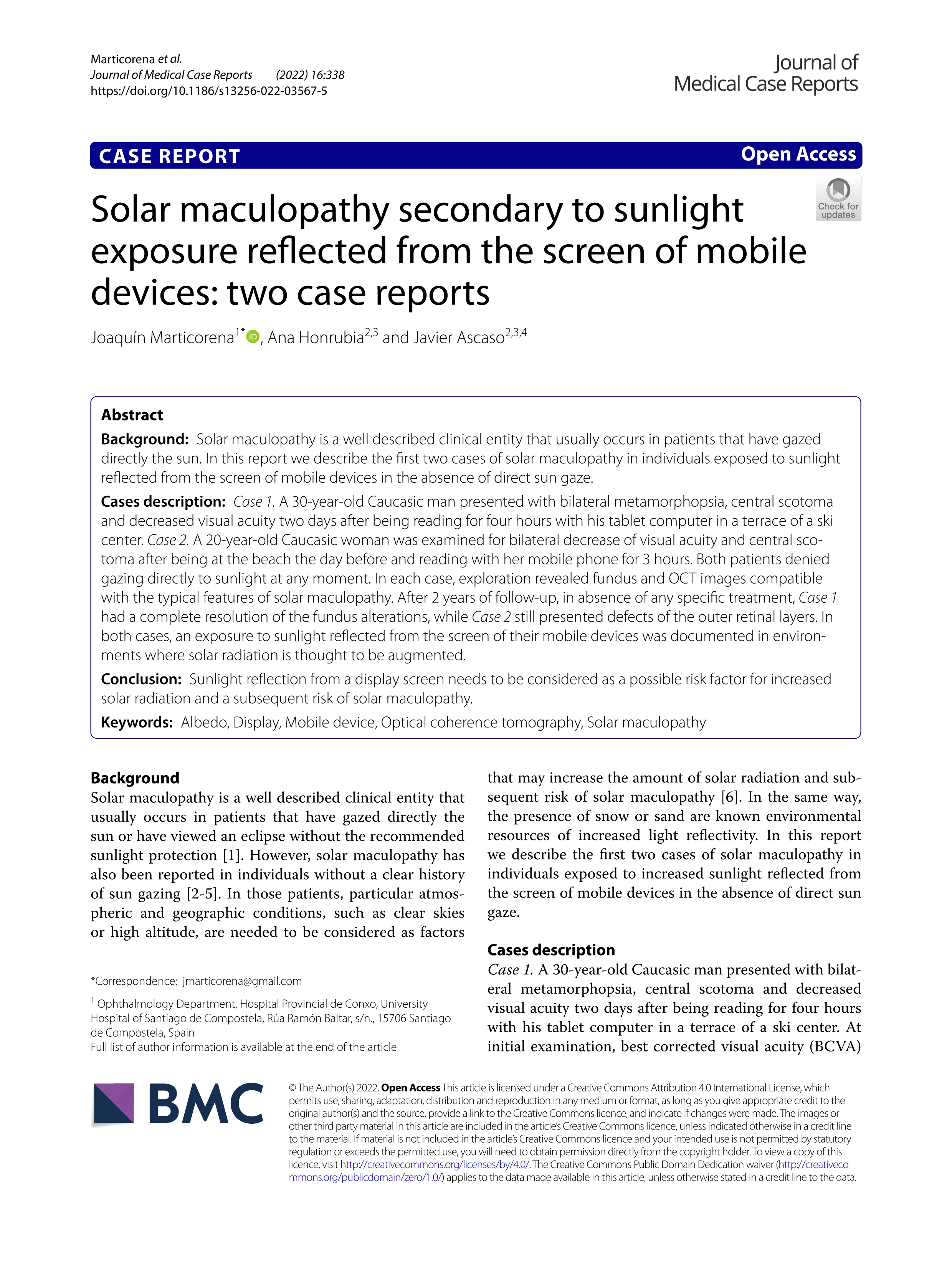 Solar maculopathy secondary to sunlight exposure reflected from the screen of mobile devices: two case reports