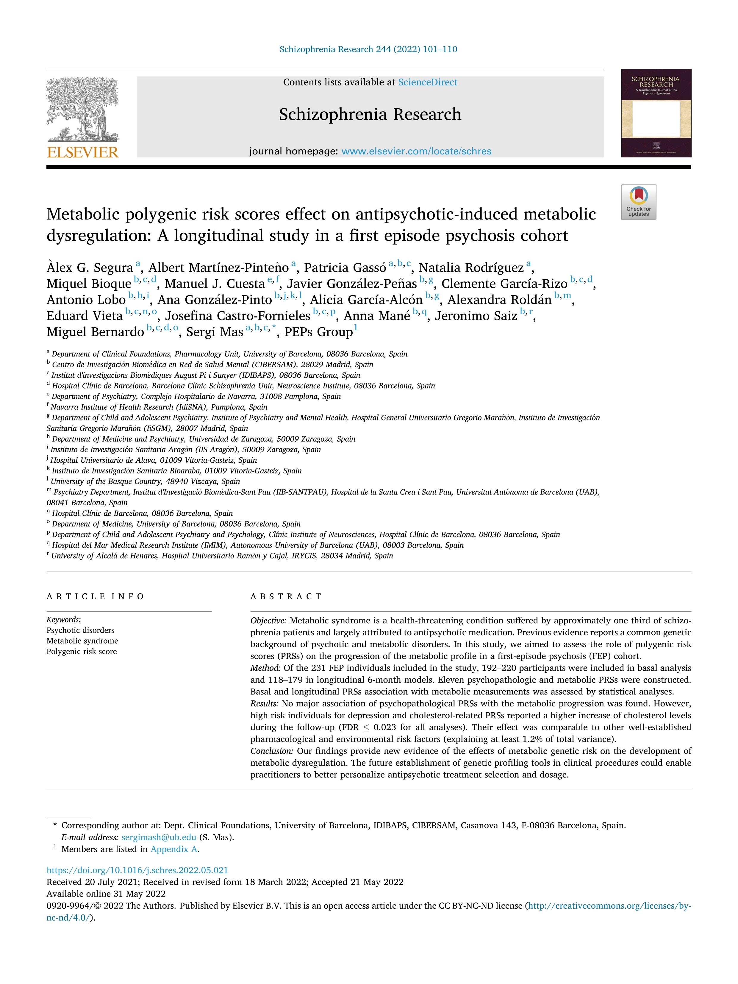 Metabolic polygenic risk scores effect on antipsychotic-induced metabolic dysregulation: A longitudinal study in a first episode psychosis cohort; 35659654