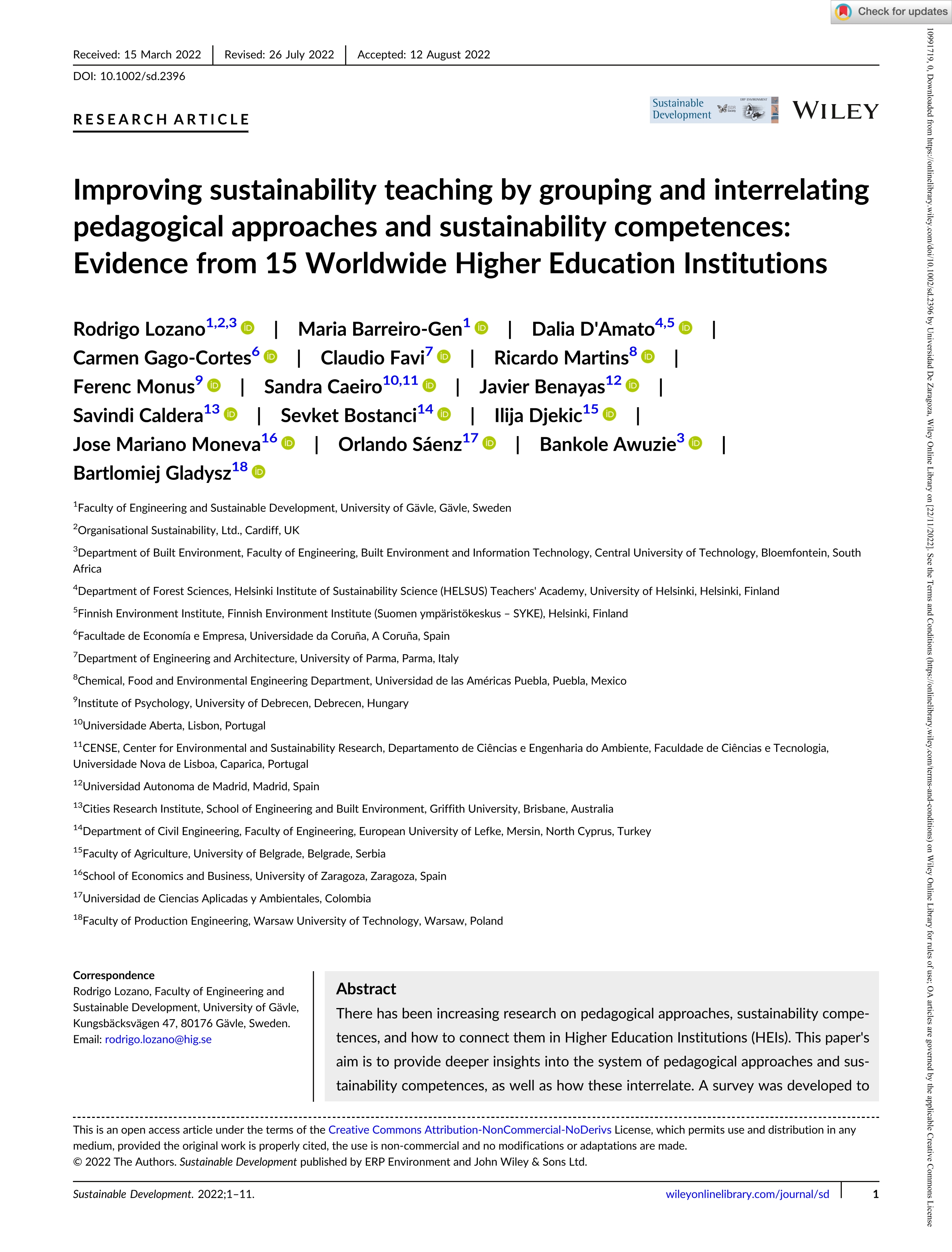 Improving sustainability teaching by grouping and interrelating pedagogical approaches and sustainability competences: Evidence from 15 Worldwide Higher Education Institutions