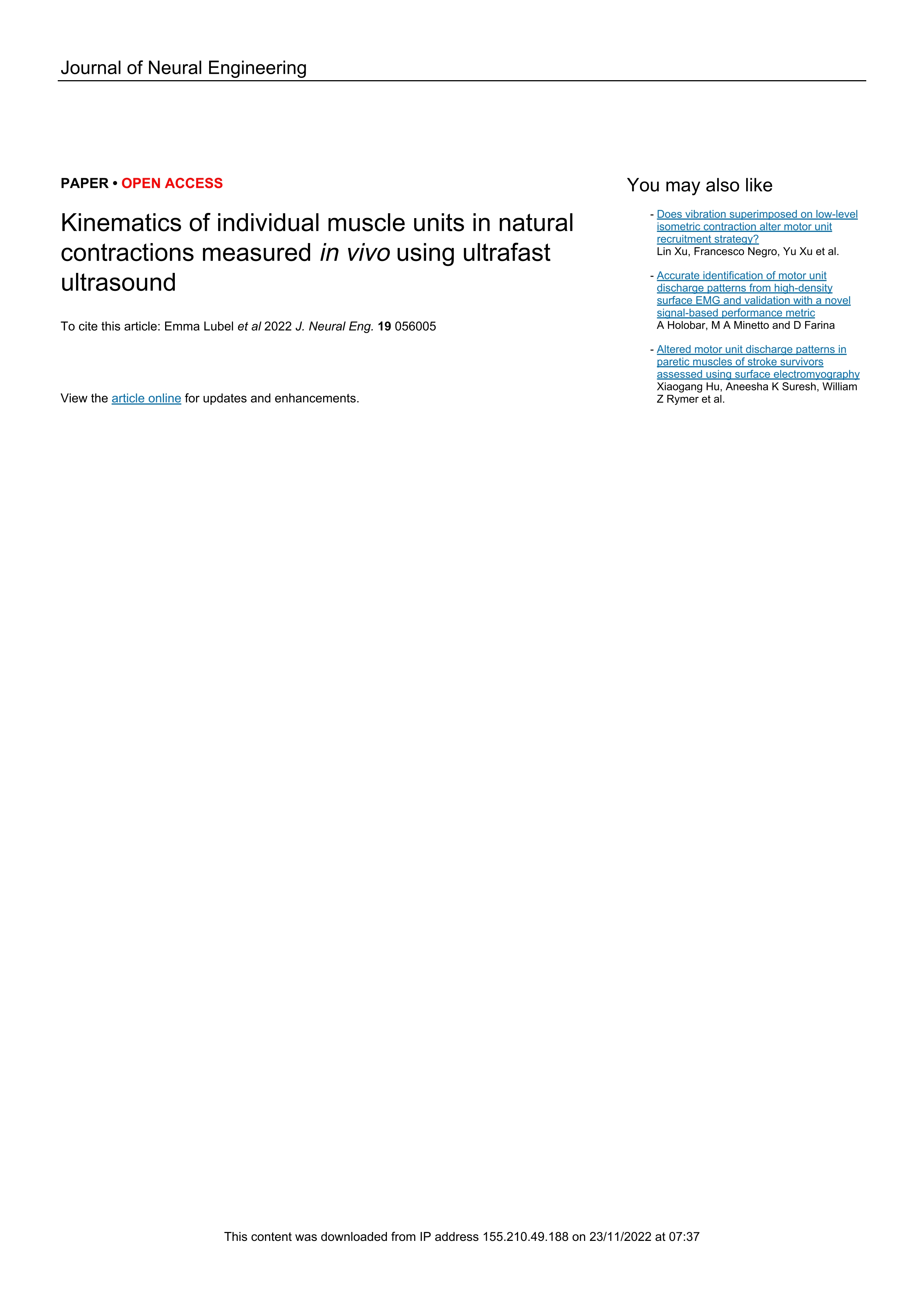 Kinematics of individual muscle units in natural contractions measured in vivo using ultrafast ultrasound
